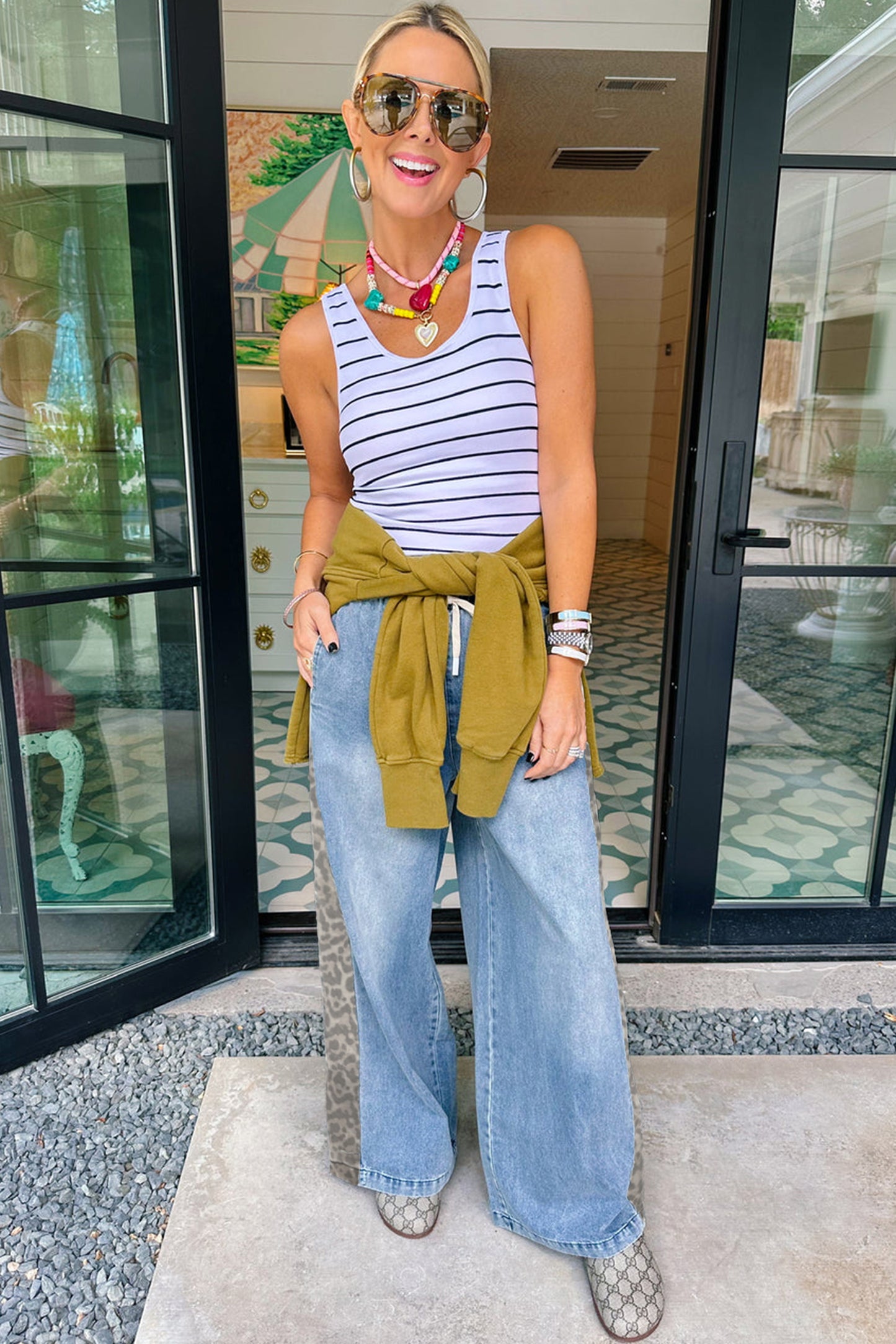 Beau Blue Drawstring Elastic Waist Leopard Striped Side Panel Wide Leg Jeans-Bottoms/Jeans-[Adult]-[Female]-2022 Online Blue Zone Planet