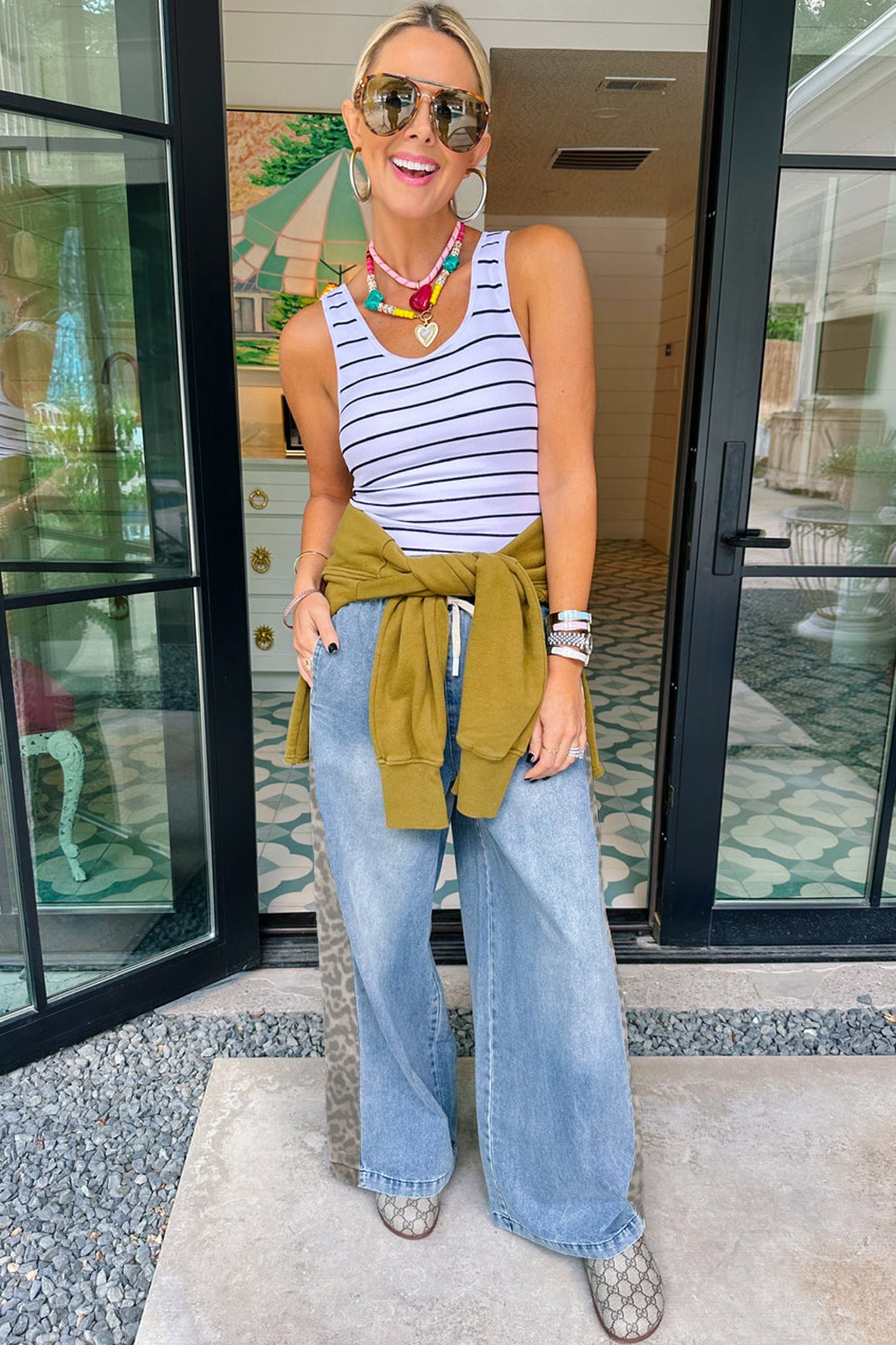 Beau Blue Drawstring Elastic Waist Leopard Striped Side Panel Wide Leg Jeans-Bottoms/Jeans-[Adult]-[Female]-2022 Online Blue Zone Planet