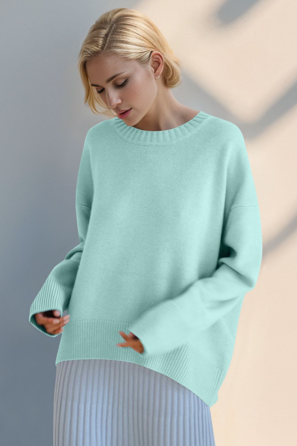 Basic Bae Round Neck Dropped Shoulder Sweater-TOPS / DRESSES-[Adult]-[Female]-Tiffany Blue-One Size-2022 Online Blue Zone Planet