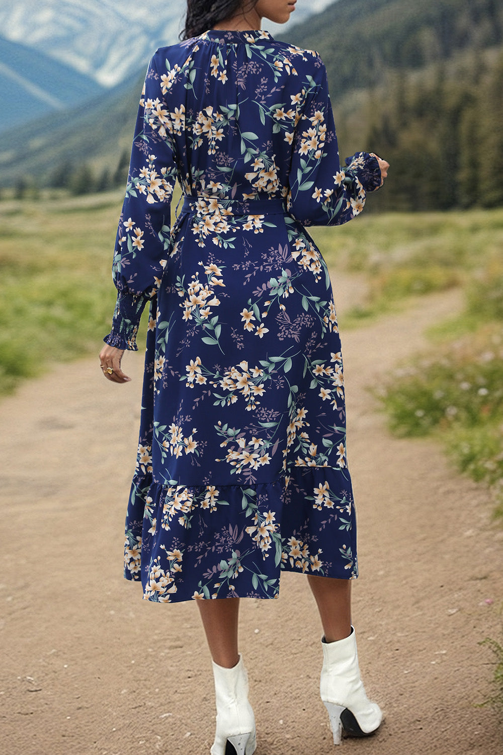 Printed Notched Lantern Sleeve Midi Dress-TOPS / DRESSES-[Adult]-[Female]-2022 Online Blue Zone Planet