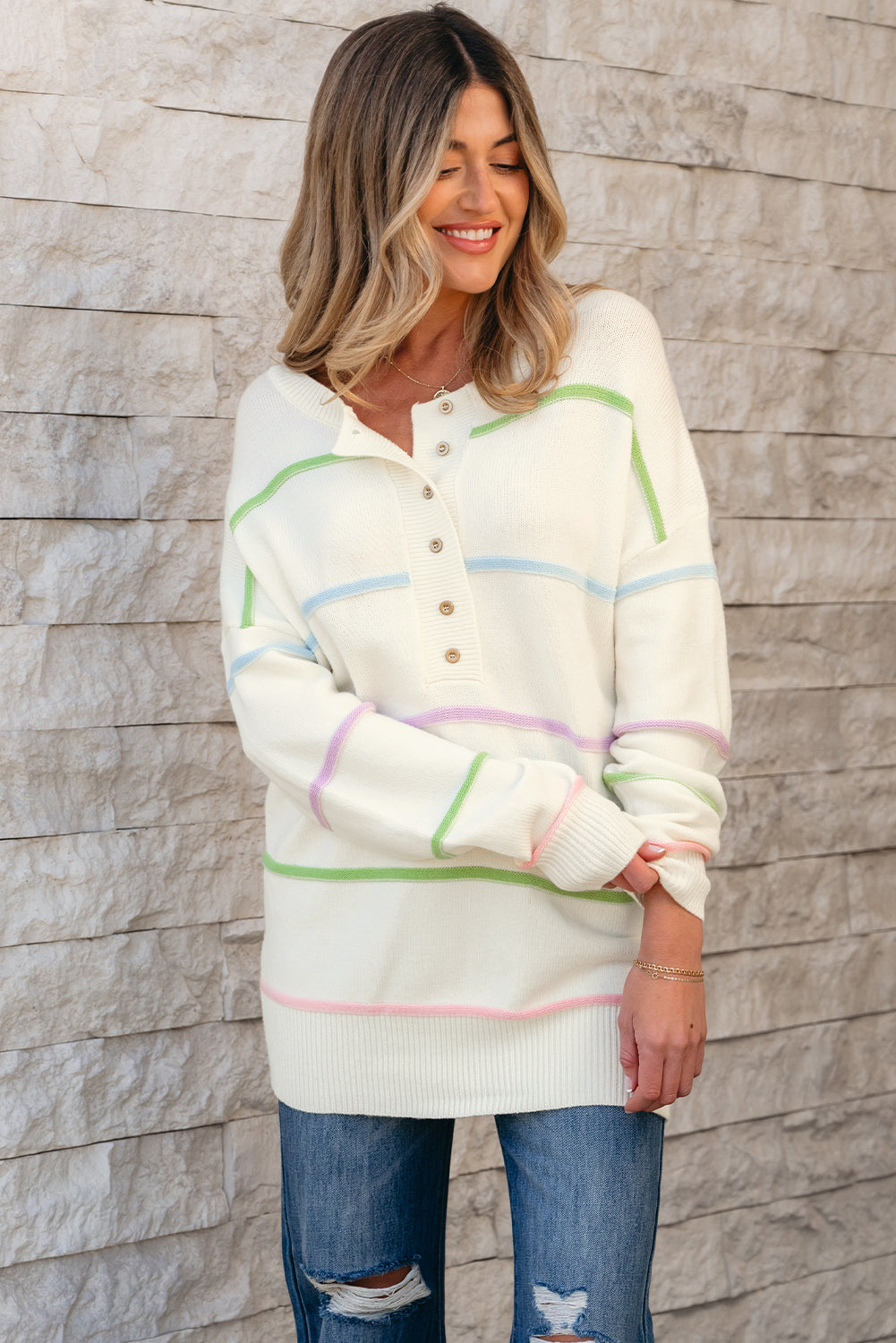 Blue Zone Planet | White Rainbow Stripes Drop Shoulder Baggy Henley Sweater-Sweaters & Cardigans/Sweaters-[Adult]-[Female]-2022 Online Blue Zone Planet