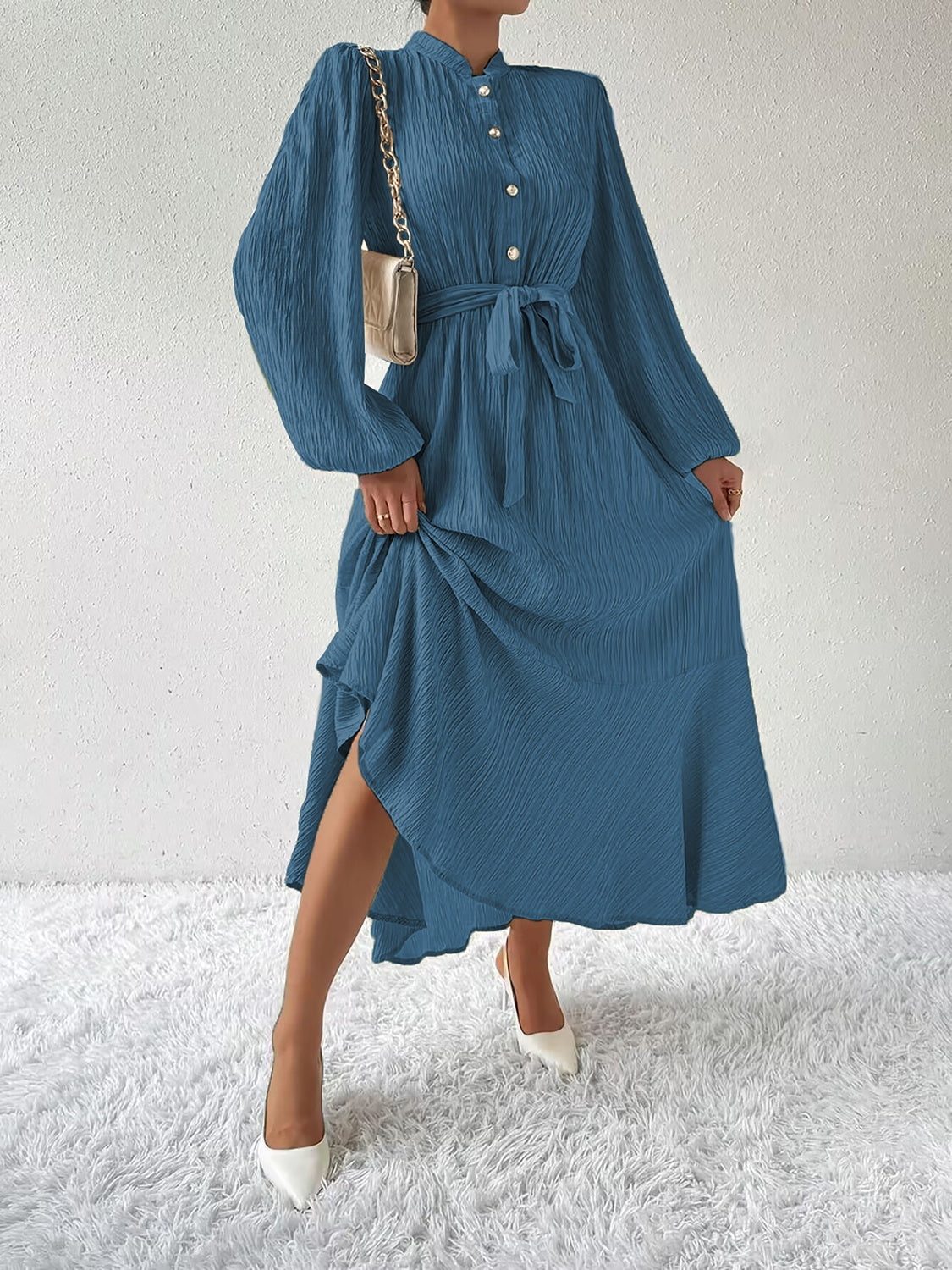 Tie Waist Long Sleeve Dress-TOPS / DRESSES-[Adult]-[Female]-2022 Online Blue Zone Planet