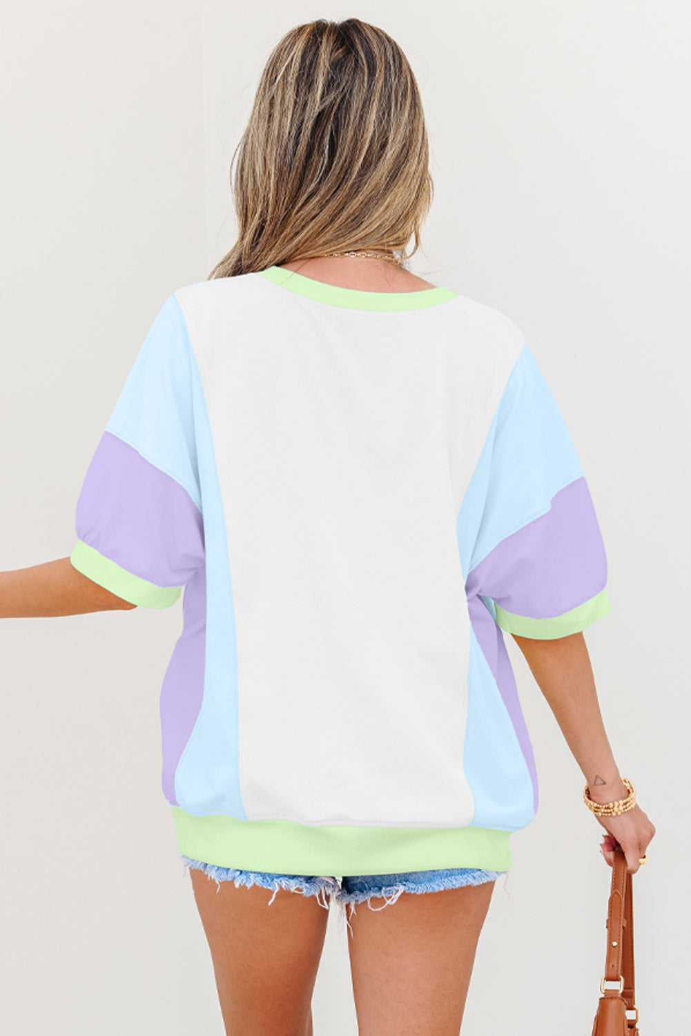 White Color Block Patchwork Half Sleeve Oversized T Shirt-Tops/Tops & Tees-[Adult]-[Female]-2022 Online Blue Zone Planet