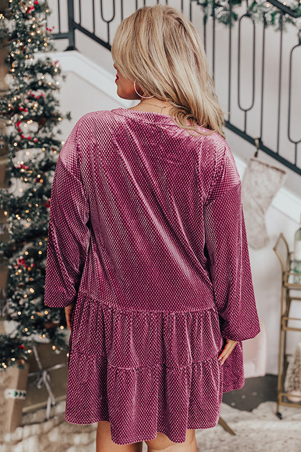 Meadow Mauve Plus Size Textured Velvet Tiered Buttons Tiered Dress - Meadow Mauve Plus Size Textured Velvet Tiered Buttons Tiered Dress -