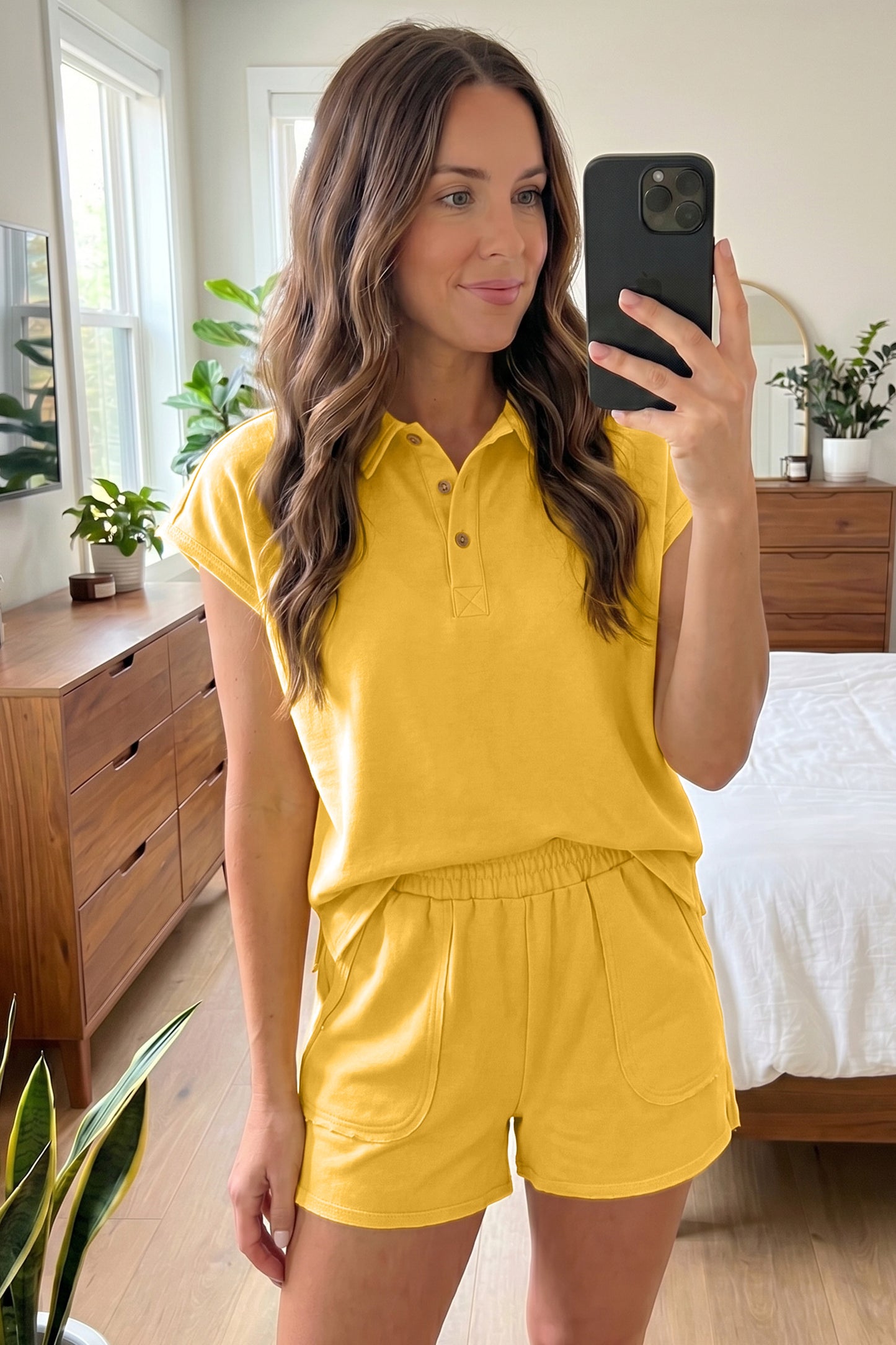 Banana Cream Loose Polo Tee Elastic Waist 2pcs Short Set-Two Piece Sets/Short Sets-[Adult]-[Female]-2022 Online Blue Zone Planet