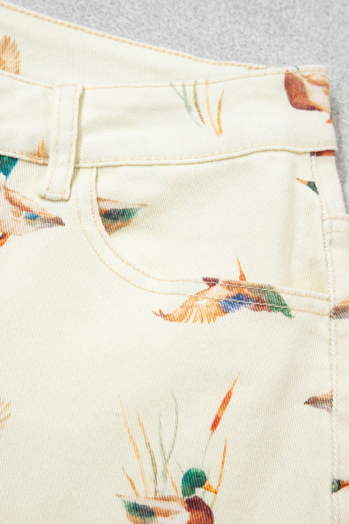 Beige Stylish Mallard Printed Cuffed Hem Shift Jeans-Bottoms/Jeans-[Adult]-[Female]-2022 Online Blue Zone Planet