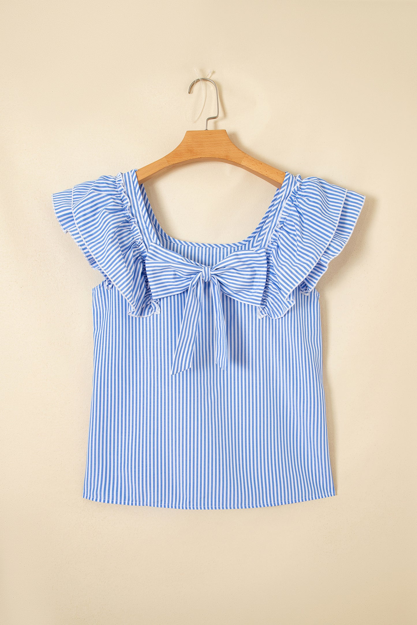 Sky Blue Stripe Square Neck Bow Decor Frilly Ruffled Short Sleeve Blouse-Tops/Blouses & Shirts-[Adult]-[Female]-2022 Online Blue Zone Planet