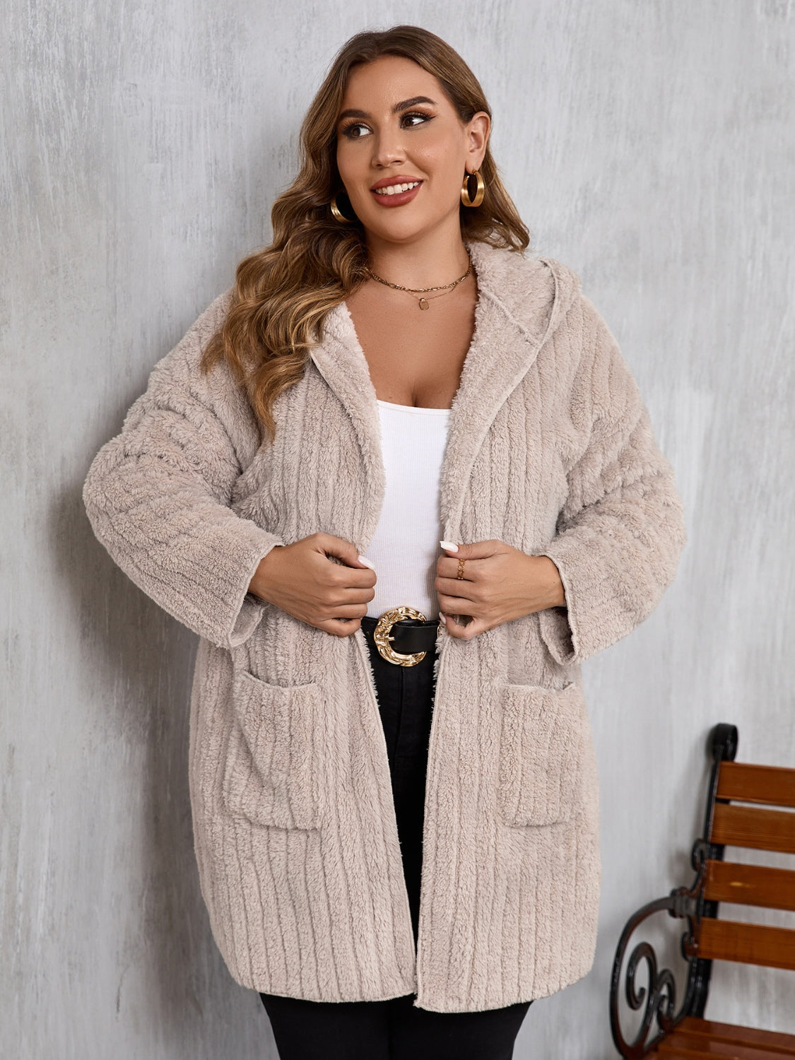 Plus Size Open Front Long Sleeve Hooded Fuzzy Jacket-TOPS / DRESSES-[Adult]-[Female]-2022 Online Blue Zone Planet