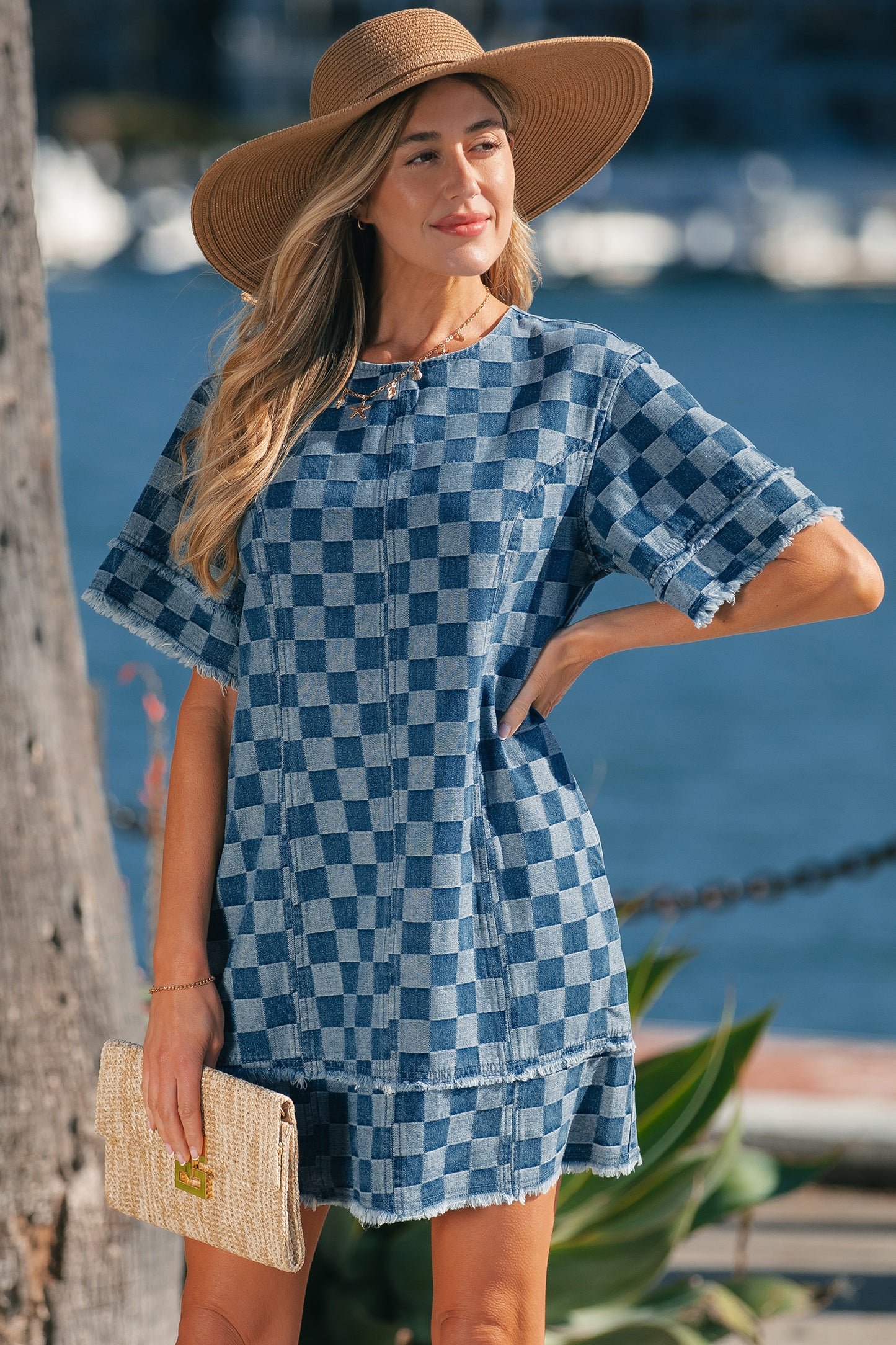 Sky Blue Frayed Hem Checkered Denim Mini Dress