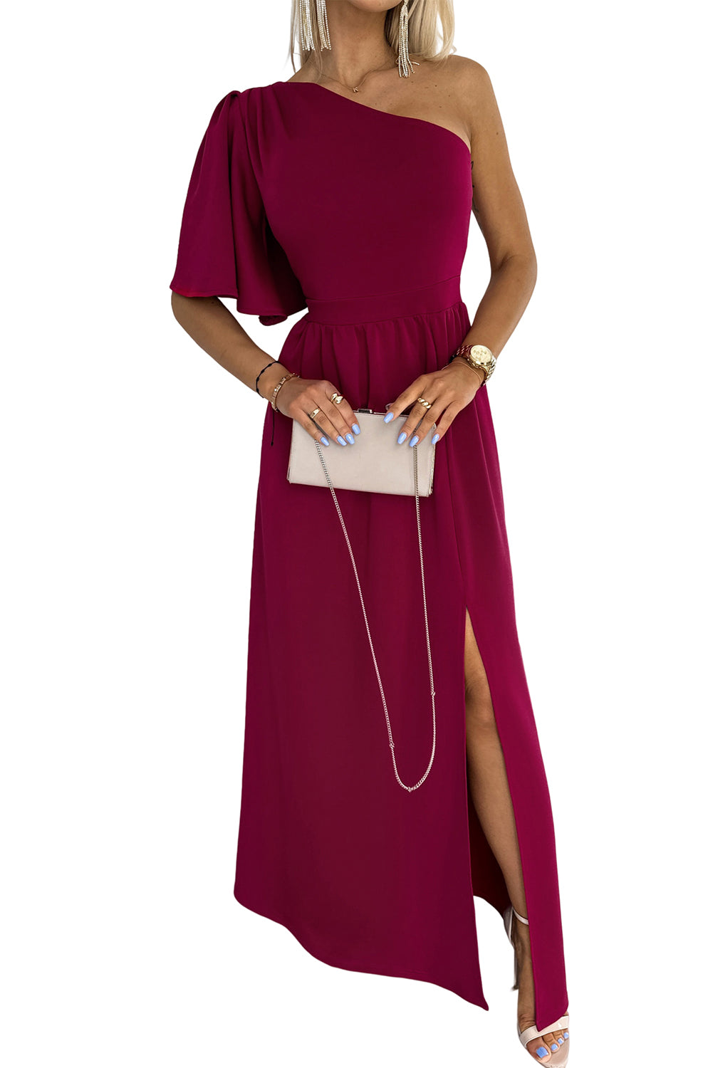 Blue Zone Planet |  Rose One Shoulder Ruffle Sleeve Maxi Dress with Slit Blue Zone Planet