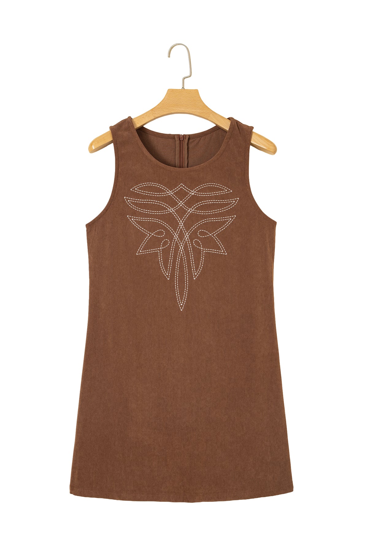 Coffee Geometric Embroidery Sleeveless Corduroy Shift Dress-TOPS / DRESSES-[Adult]-[Female]-2022 Online Blue Zone Planet