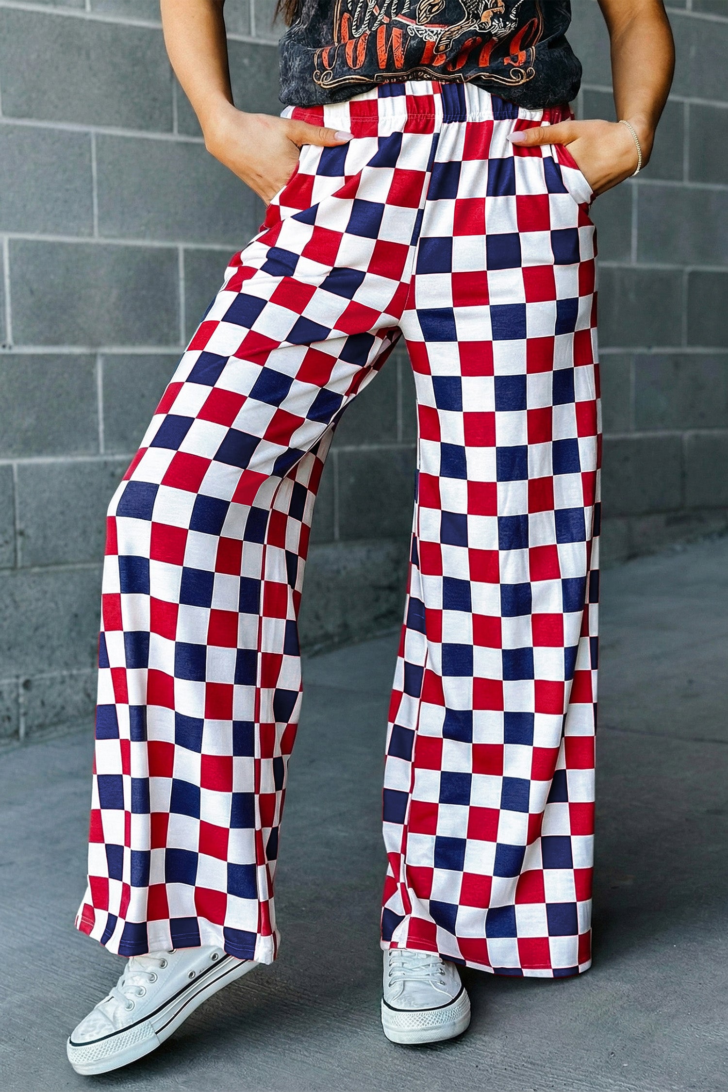 Red 2-Tone Checked Print High Waist Wide Leg Pants-Bottoms/Pants & Culotte-[Adult]-[Female]-Red-S-2022 Online Blue Zone Planet