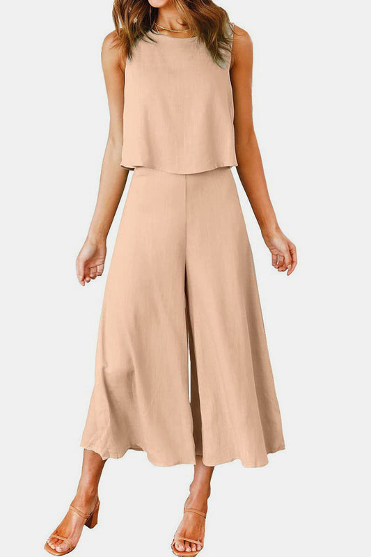 Round Neck Top and Wide Leg Pants Set-TOPS / DRESSES-[Adult]-[Female]-Khaki-S-2022 Online Blue Zone Planet