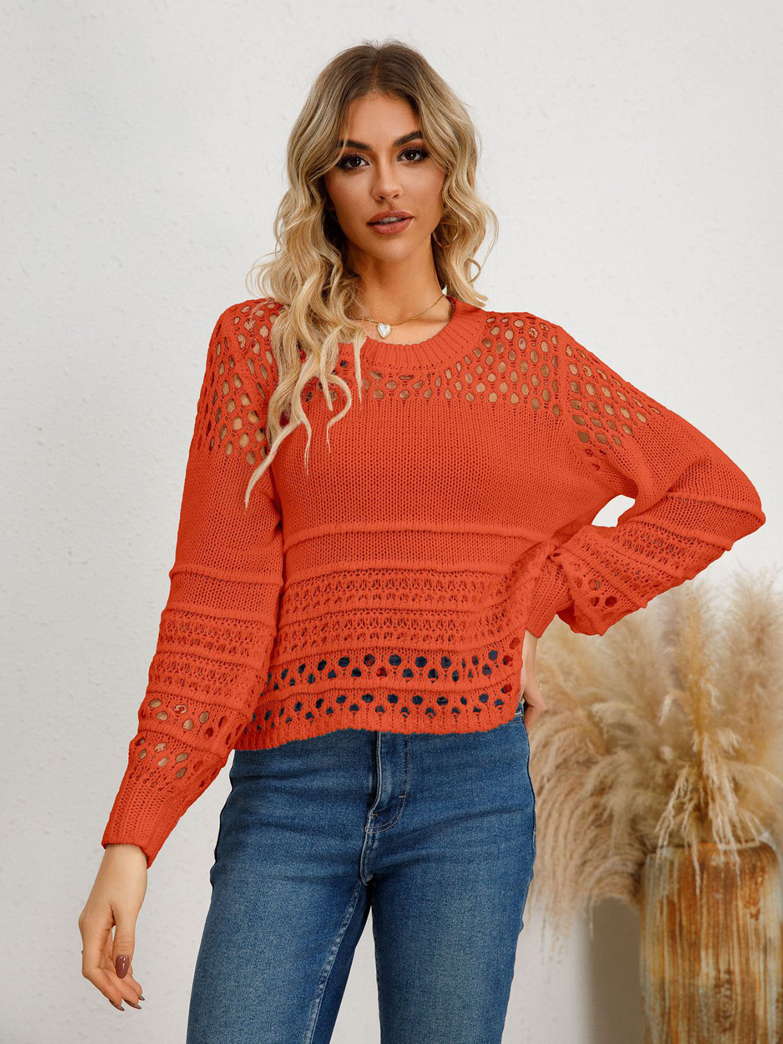 Cutout Round Neck Knit Top-TOPS / DRESSES-[Adult]-[Female]-Orange-Red-S-2022 Online Blue Zone Planet