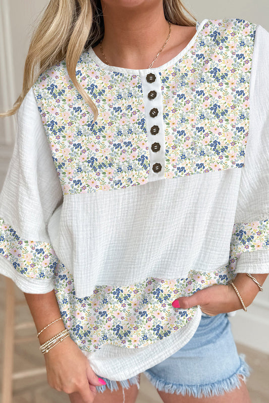 Sky Blue Floral Print Gauze Patchwork Henley Button 3/4 Sleeve Blouse