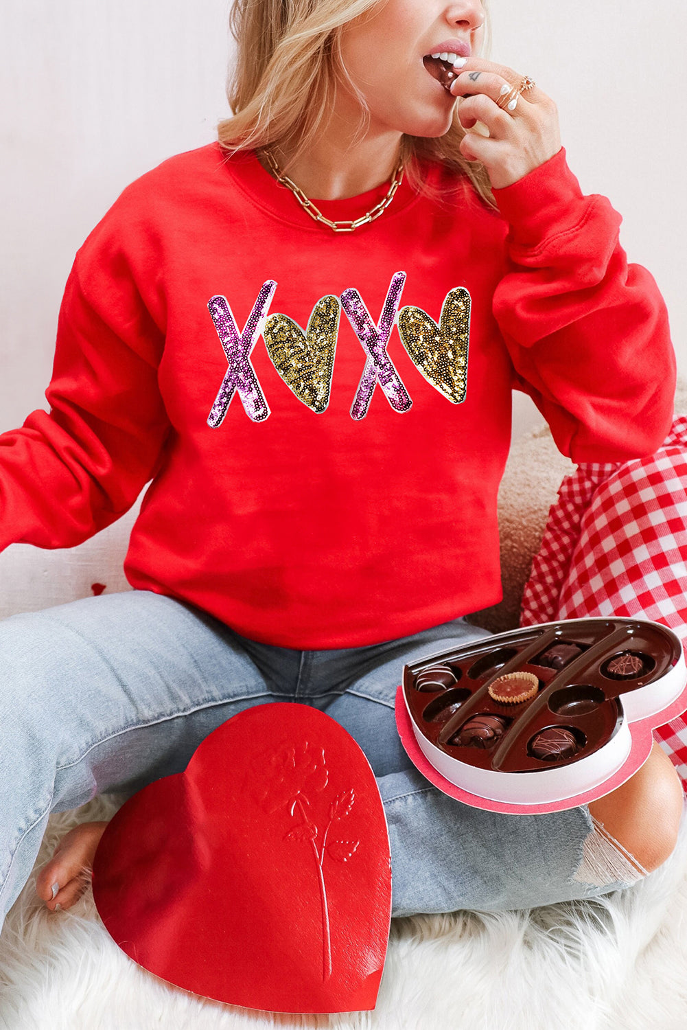 Red Heart XOXO Graphic Crewneck Valentines Pullover Sweatshirt-Graphic Sweatshirts-[Adult]-[Female]-Red-S-2022 Online Blue Zone Planet