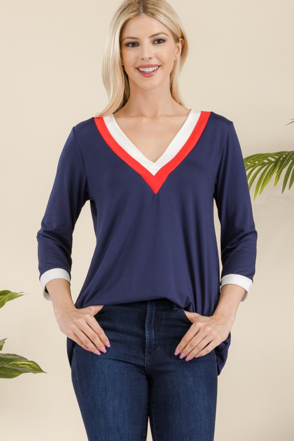 Celeste Full Size Celeste Full Size V-Neck Contrast T-Shirt-TOPS / DRESSES-[Adult]-[Female]-2022 Online Blue Zone Planet