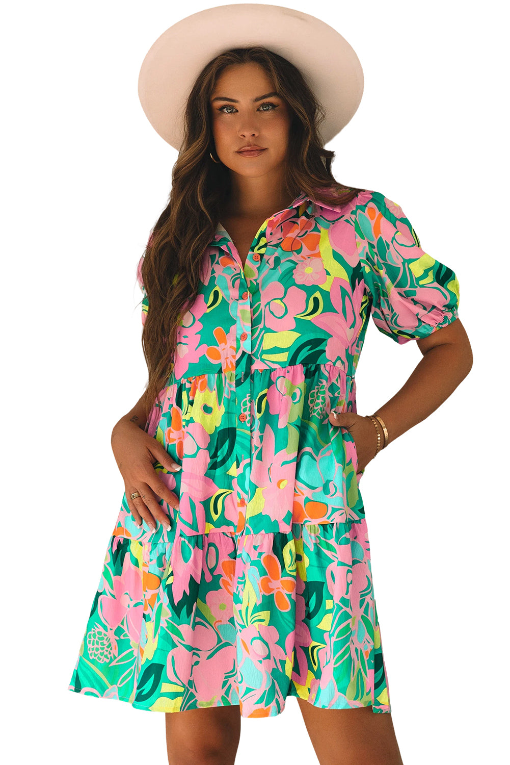 Blue Zone Planet | Green Floral Puff Sleeve Collar Buttoned Babydoll Dress-TOPS / DRESSES-[Adult]-[Female]-2022 Online Blue Zone Planet