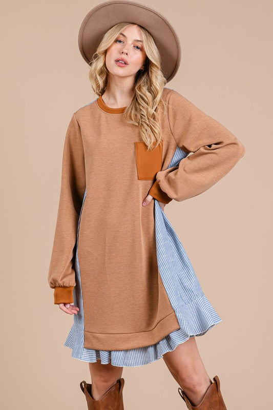 Ces Femme Striped Patchwork Round Neck Terry Sweatshirt Dress-TOPS / DRESSES-[Adult]-[Female]-Caramel-S-2022 Online Blue Zone Planet