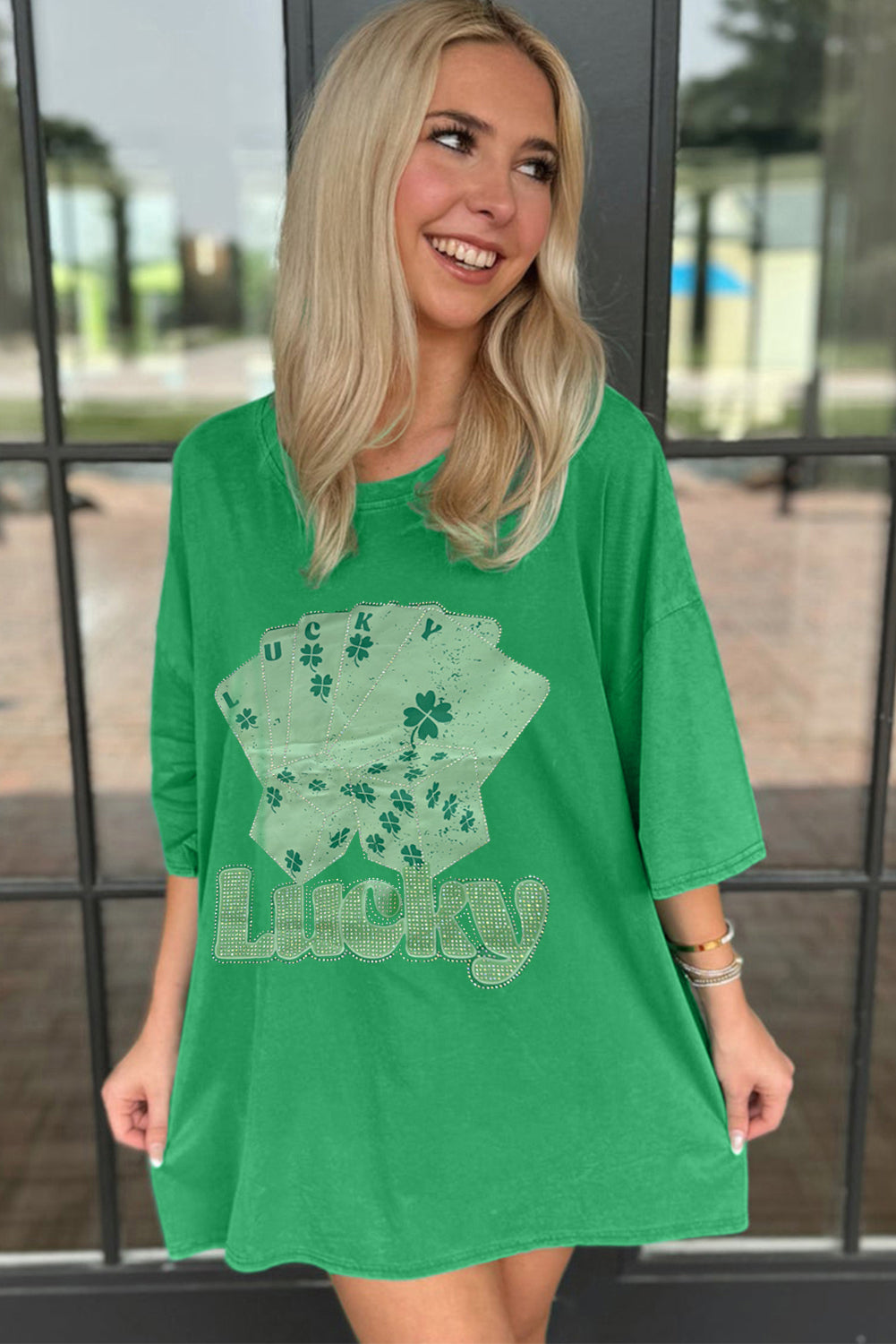 Bright Green Rhinestone Lucky Poker Cards Oversized T Shirt Mini Dress-TOPS / DRESSES-[Adult]-[Female]-2022 Online Blue Zone Planet