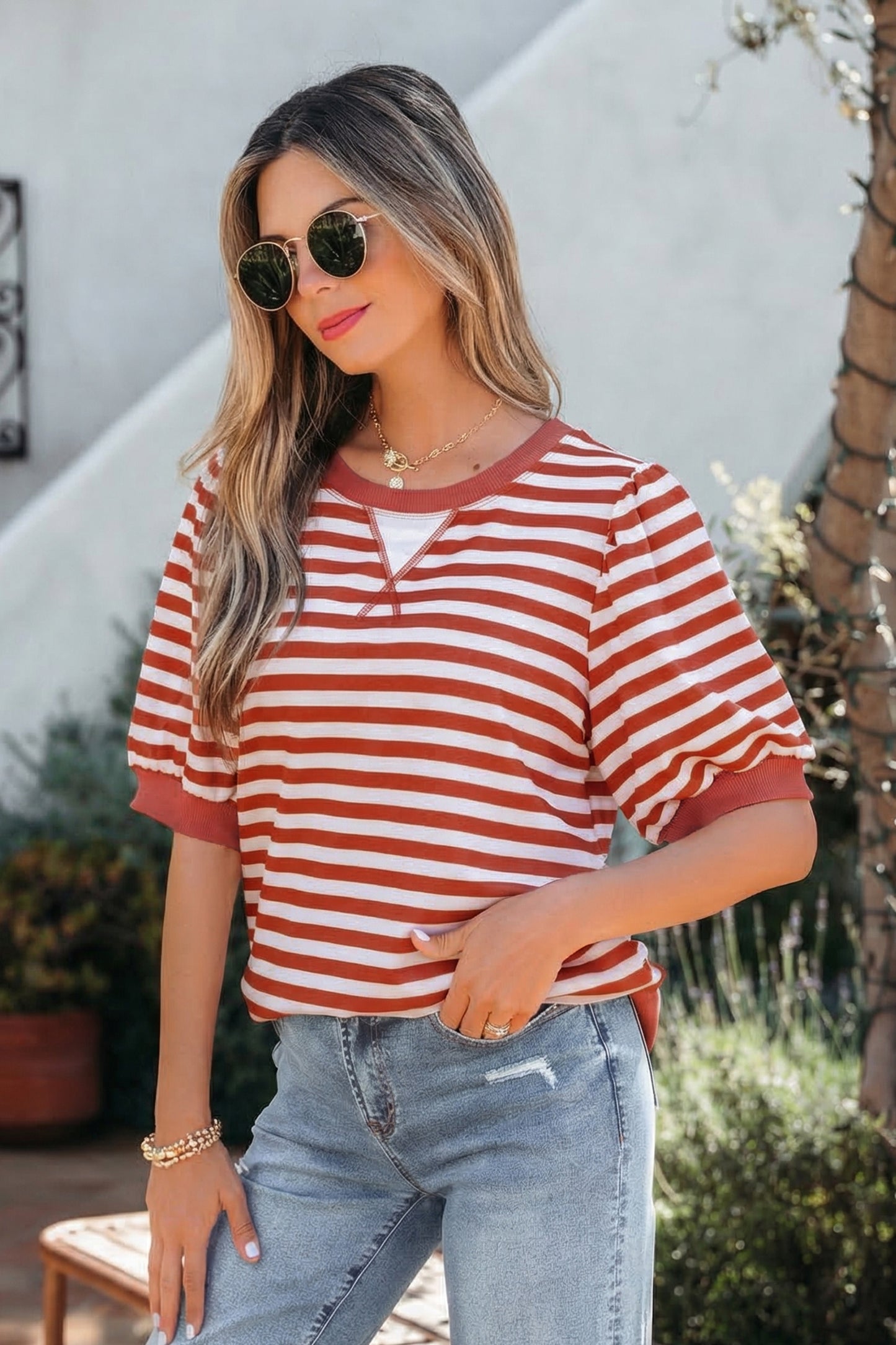 Orange Stripe Short Bubble Sleeve T Shirt-Tops/Tops & Tees-[Adult]-[Female]-2022 Online Blue Zone Planet