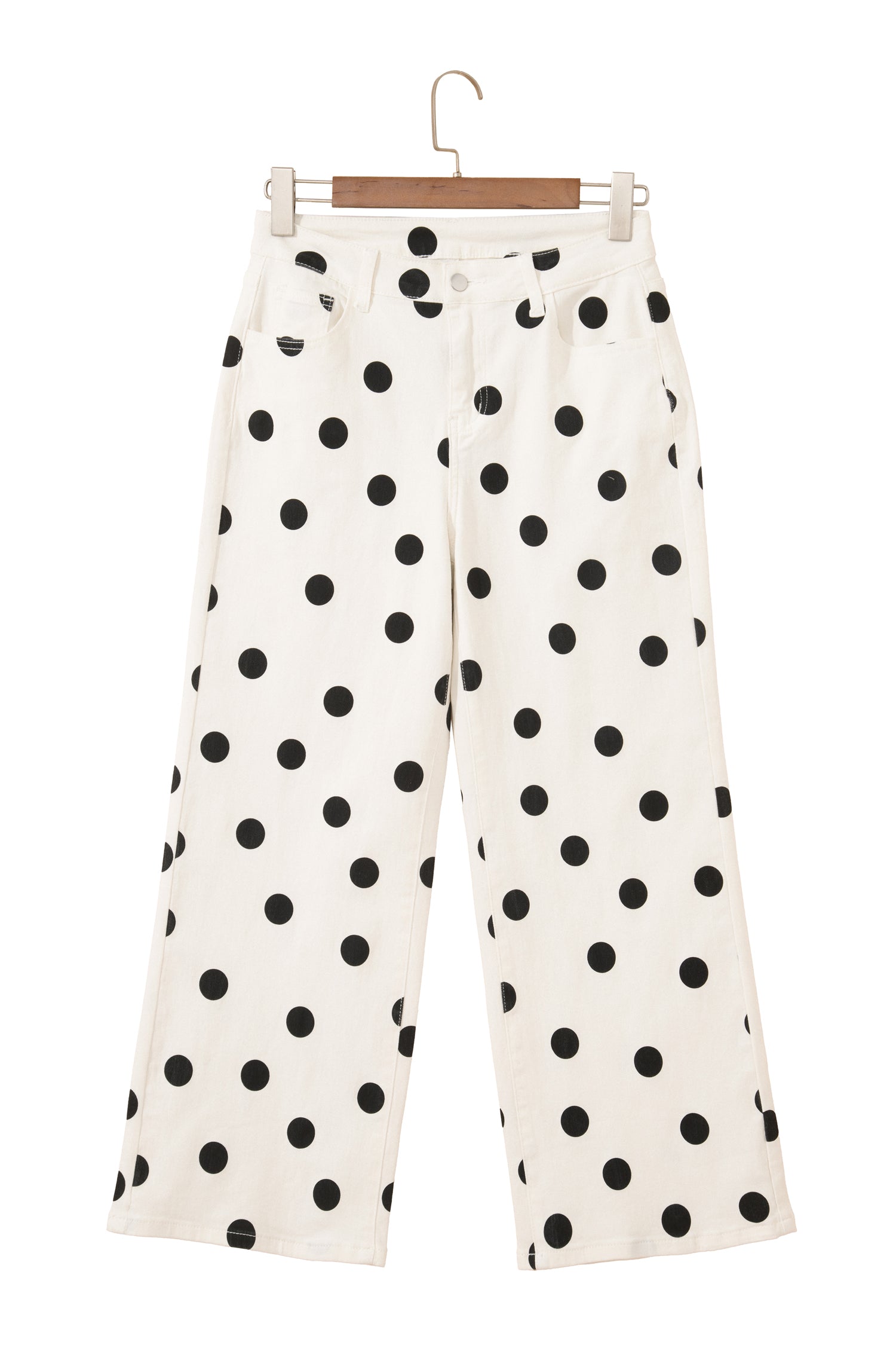White Polka Dot Print Wide Leg Ankle-Length Jeans-Bottoms/Jeans-[Adult]-[Female]-2022 Online Blue Zone Planet