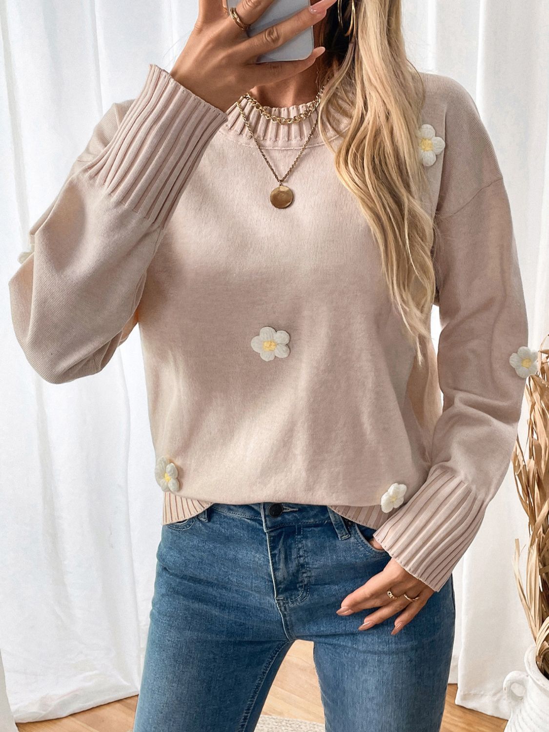 Perfee Flower Round Neck Long Sleeve Sweater-NEW ARRIVALS-[Adult]-[Female]-2022 Online Blue Zone Planet