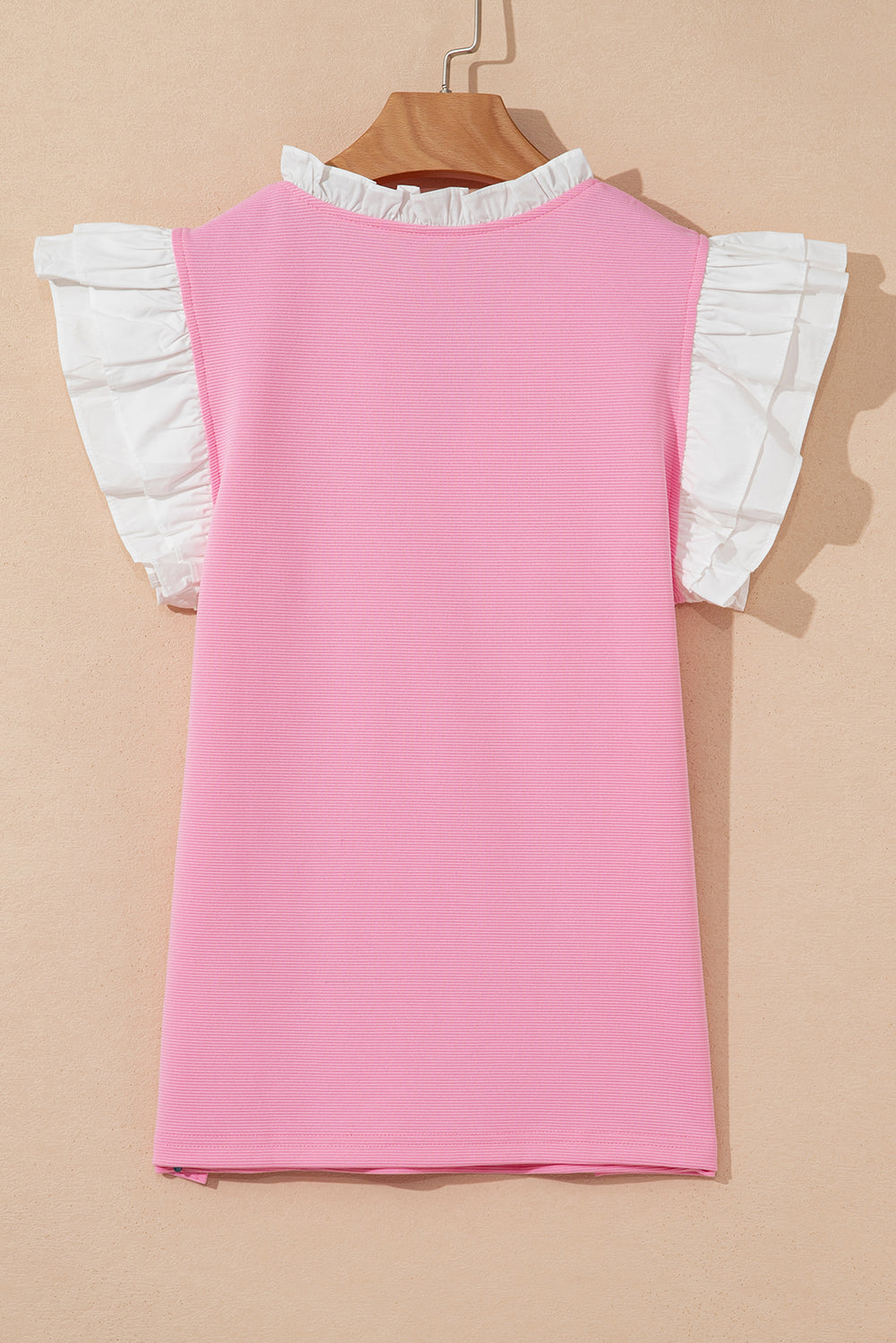 Pink Contrast V Neck Ruffled Textured Knit Top-Tops/Blouses & Shirts-[Adult]-[Female]-2022 Online Blue Zone Planet