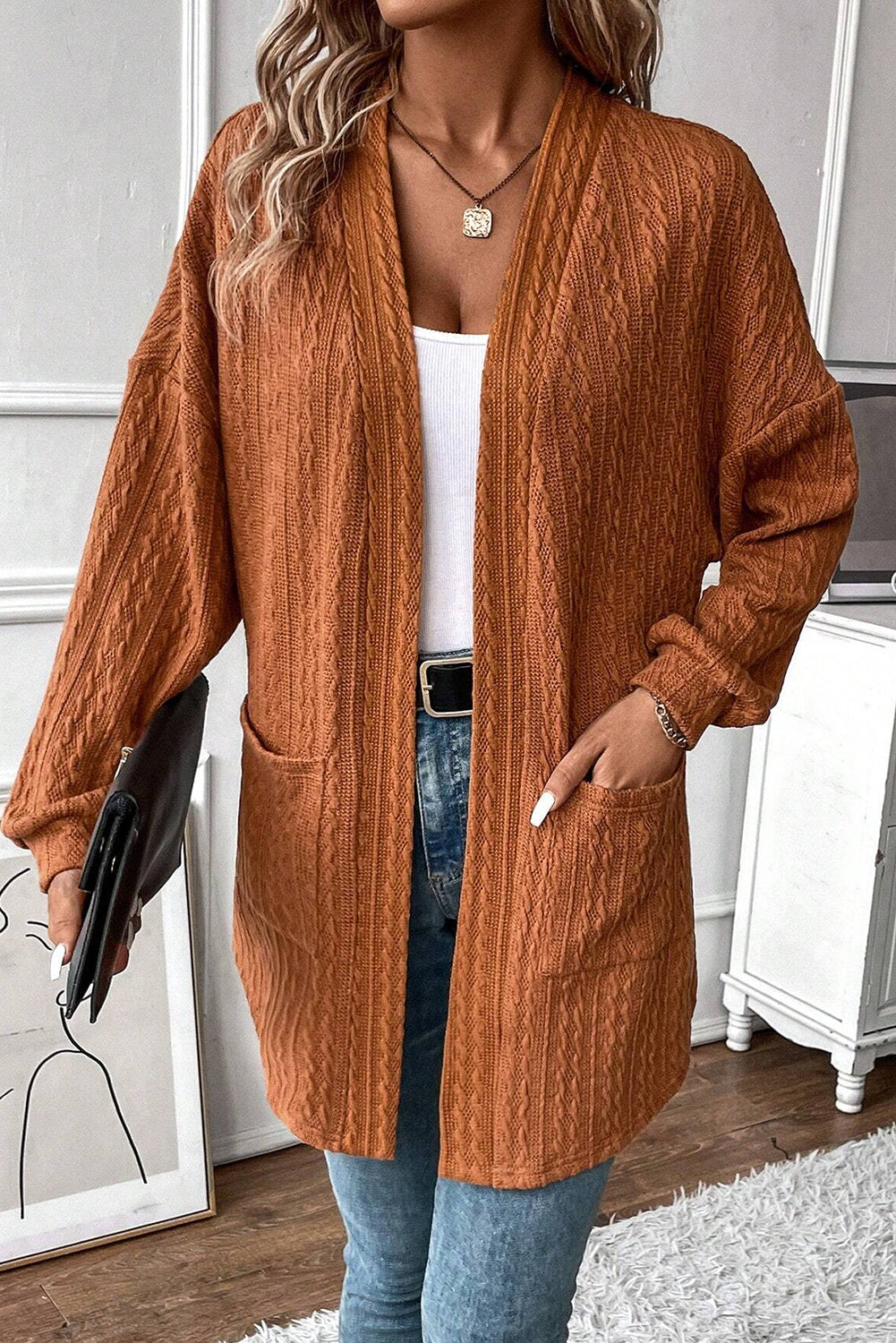 Canton Textured Knit Side Pockets Open Front Cardigan-Sweaters & Cardigans/Cardigans-[Adult]-[Female]-Chestnut-S-2022 Online Blue Zone Planet