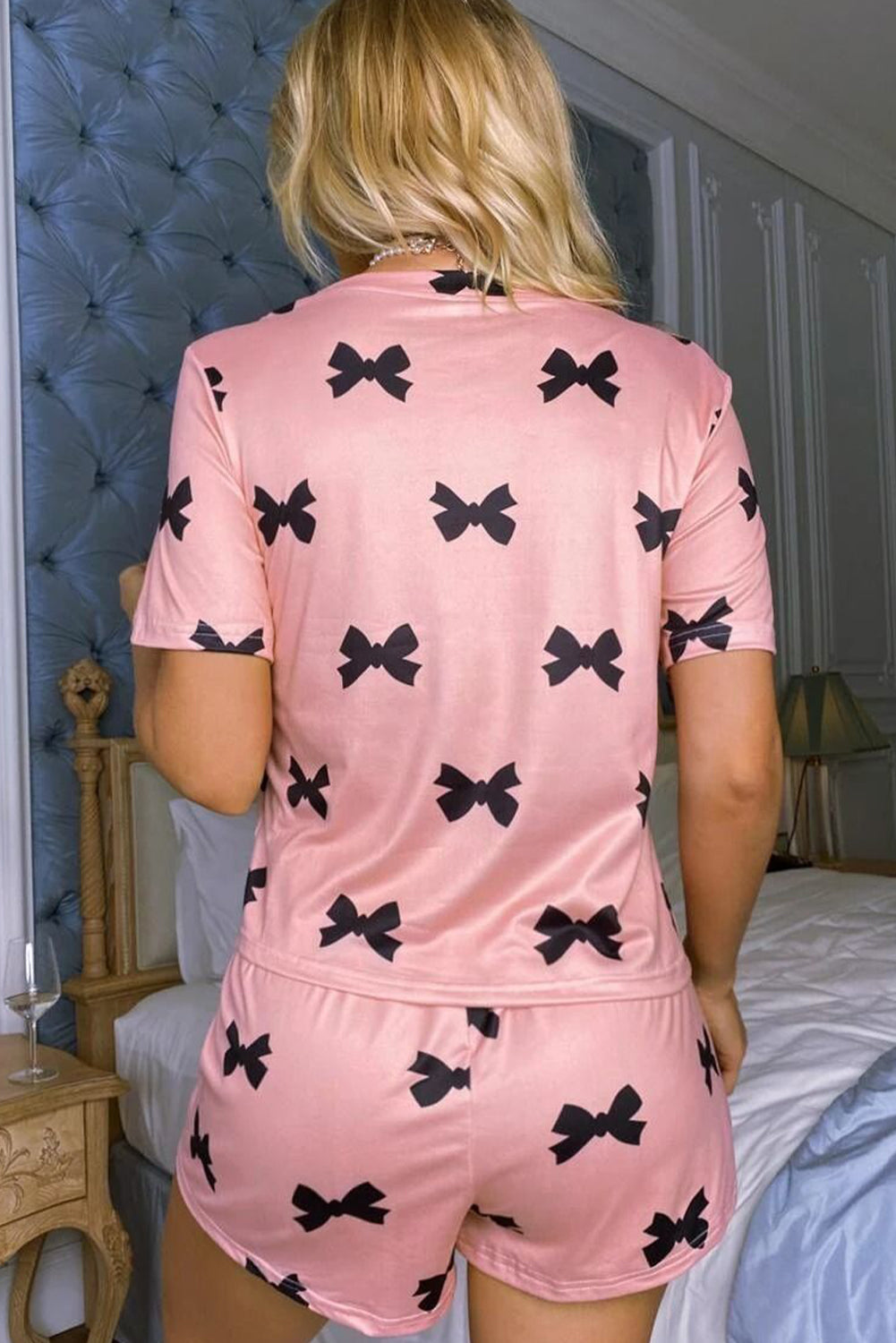 Pink Bow Printed Short 2pcs Lounge Set-Loungewear & Sleepwear/Loungewear-[Adult]-[Female]-2022 Online Blue Zone Planet
