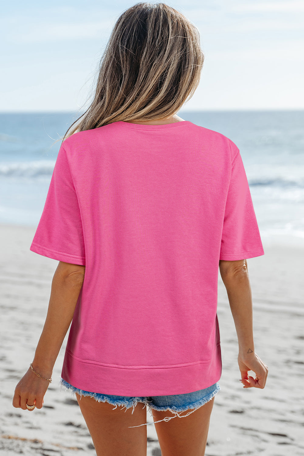 Strawberry Pink Contrasting Color Ribbon Bow Front Patch Loose Tee with Slits-Tops/Tops & Tees-[Adult]-[Female]-2022 Online Blue Zone Planet