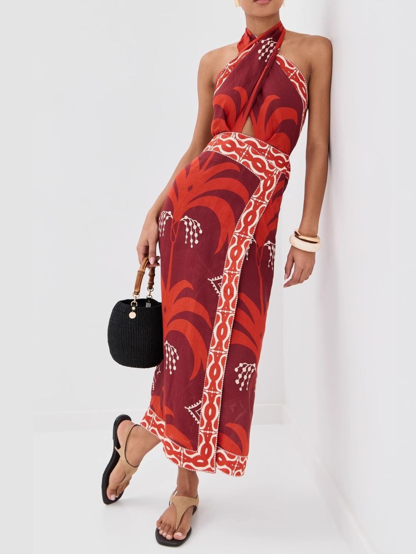 tropical print halter neck dress Honolulu Halter Tropical Print Maxi Dress  VICI