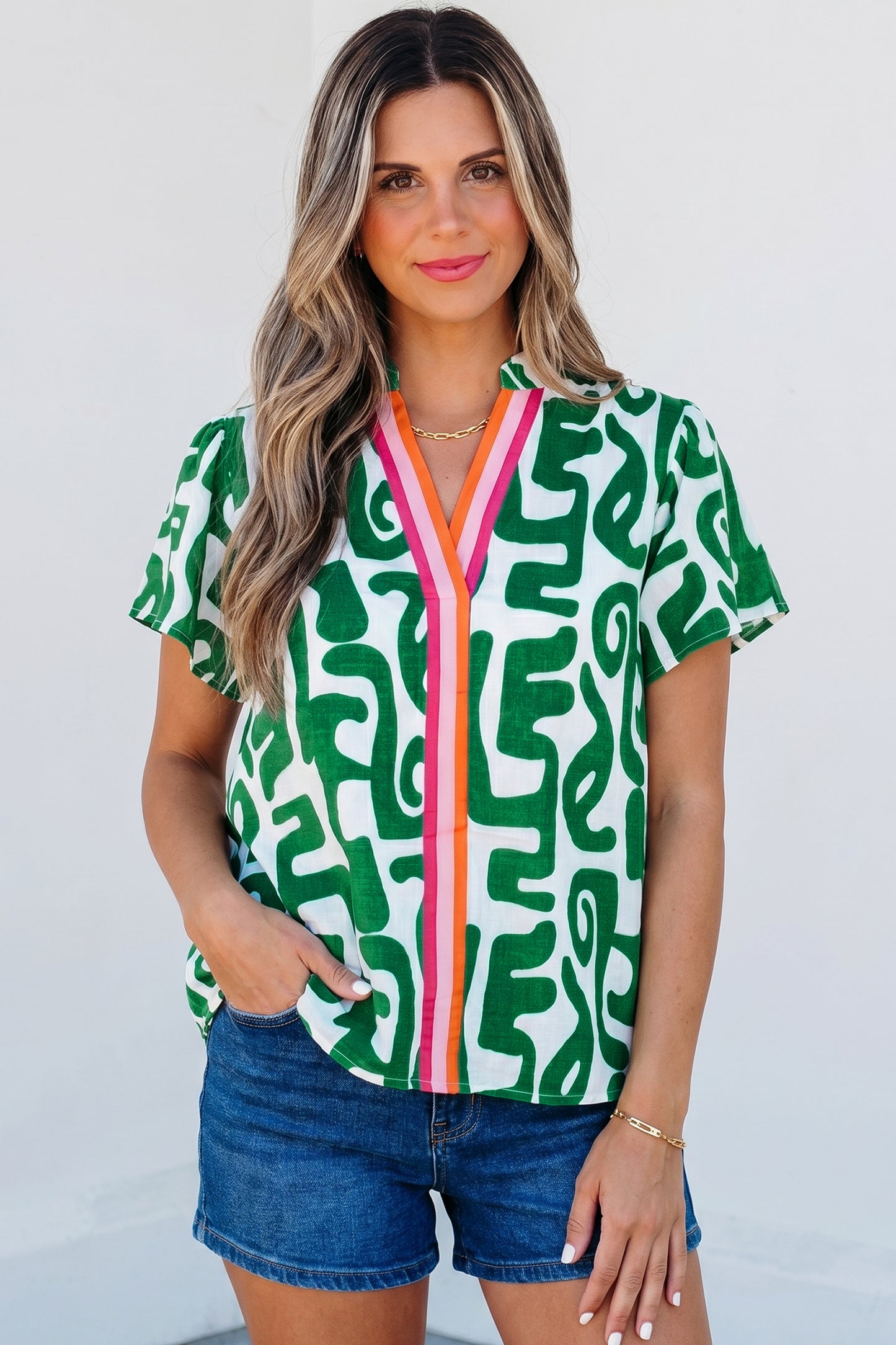 Green Abstract Print Striped Trim V Neck Short Sleeve Blouse-Tops/Blouses & Shirts-[Adult]-[Female]-2022 Online Blue Zone Planet