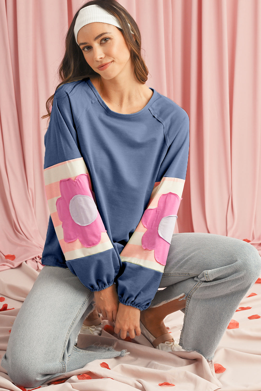 Blue Zone Planet | Smoke Green Flower Patchwork Exposed Seam Raglan Sleeve Top-Long Sleeve Tops-[Adult]-[Female]-2022 Online Blue Zone Planet