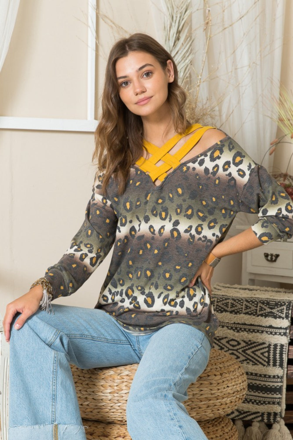 Celeste Full Size Leopard Long Sleeve T-Shirt with Braided Strap-TOPS / DRESSES-[Adult]-[Female]-2022 Online Blue Zone Planet