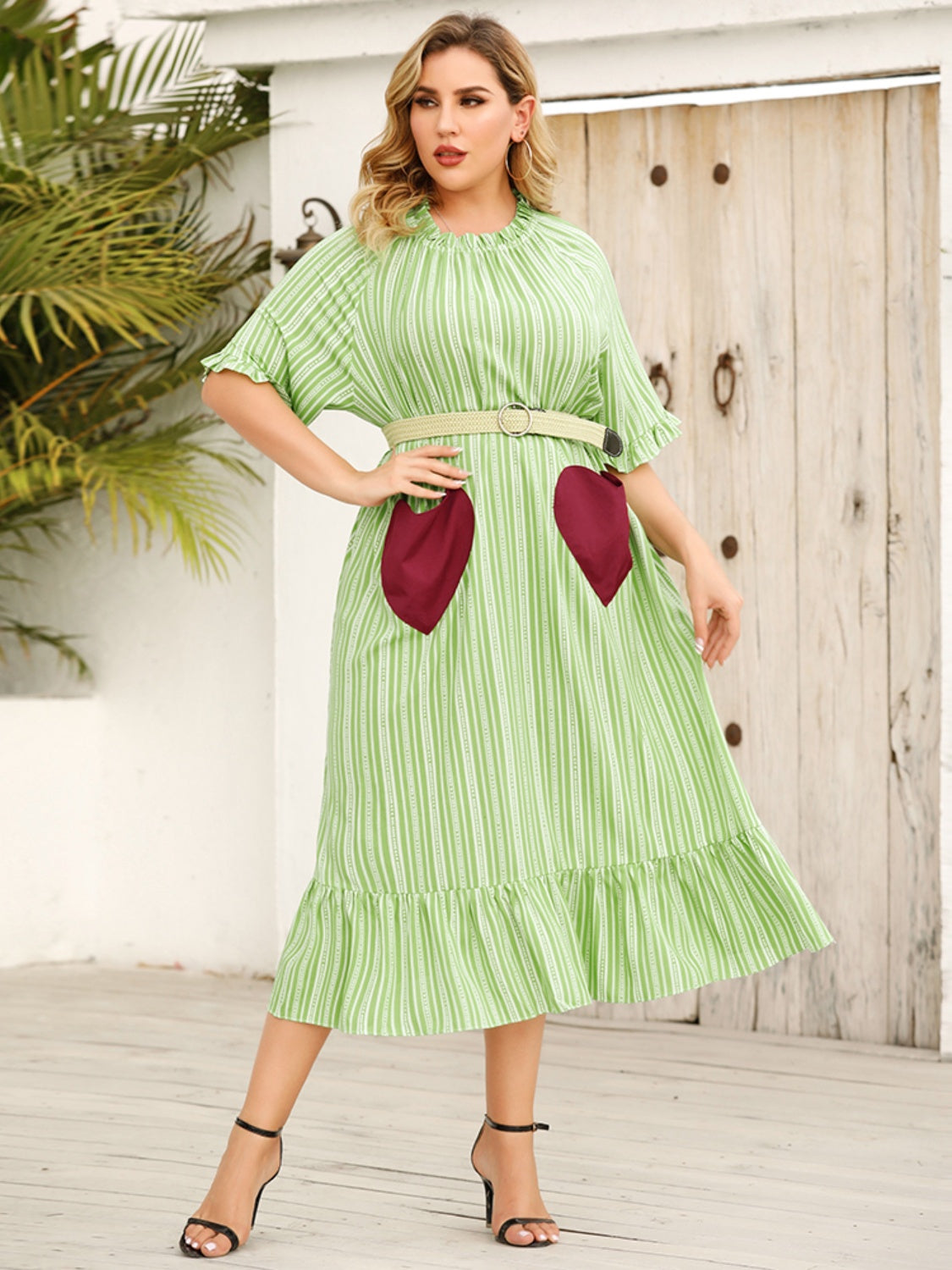 Plus Size Frill Heart Striped Half Sleeve Dress-TOPS / DRESSES-[Adult]-[Female]-2022 Online Blue Zone Planet