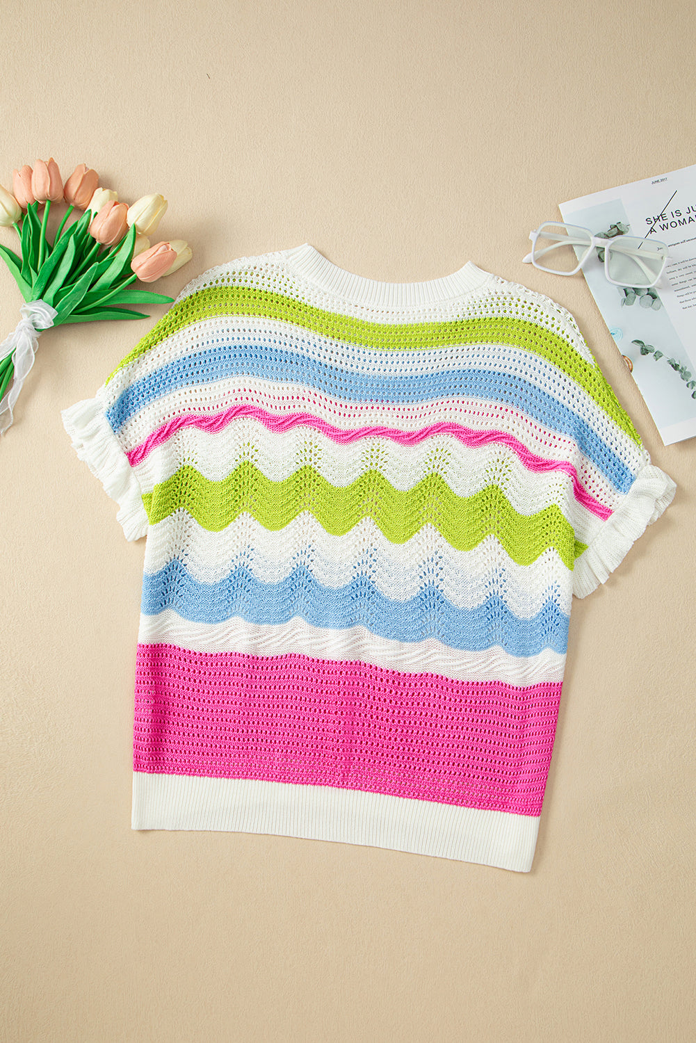 White Colorblock Crochet Knit Ruffled Short Sleeve Sweater Top-Sweaters & Cardigans/Short Sleeve Sweaters-[Adult]-[Female]-2022 Online Blue Zone Planet