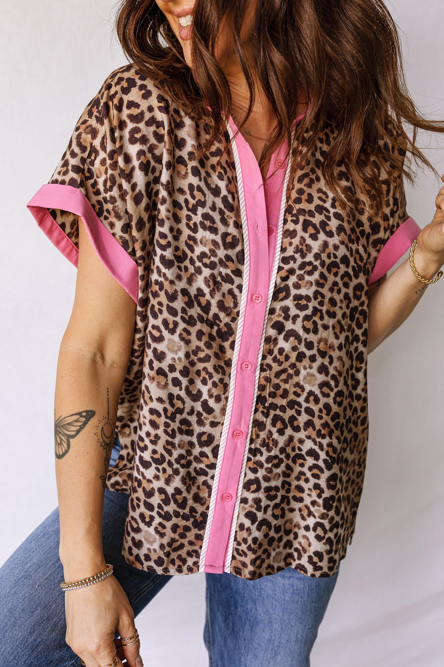 Leopard Print Contrasted Trim Animal Short Sleeve Shirt-Tops/Blouses & Shirts-[Adult]-[Female]-2022 Online Blue Zone Planet