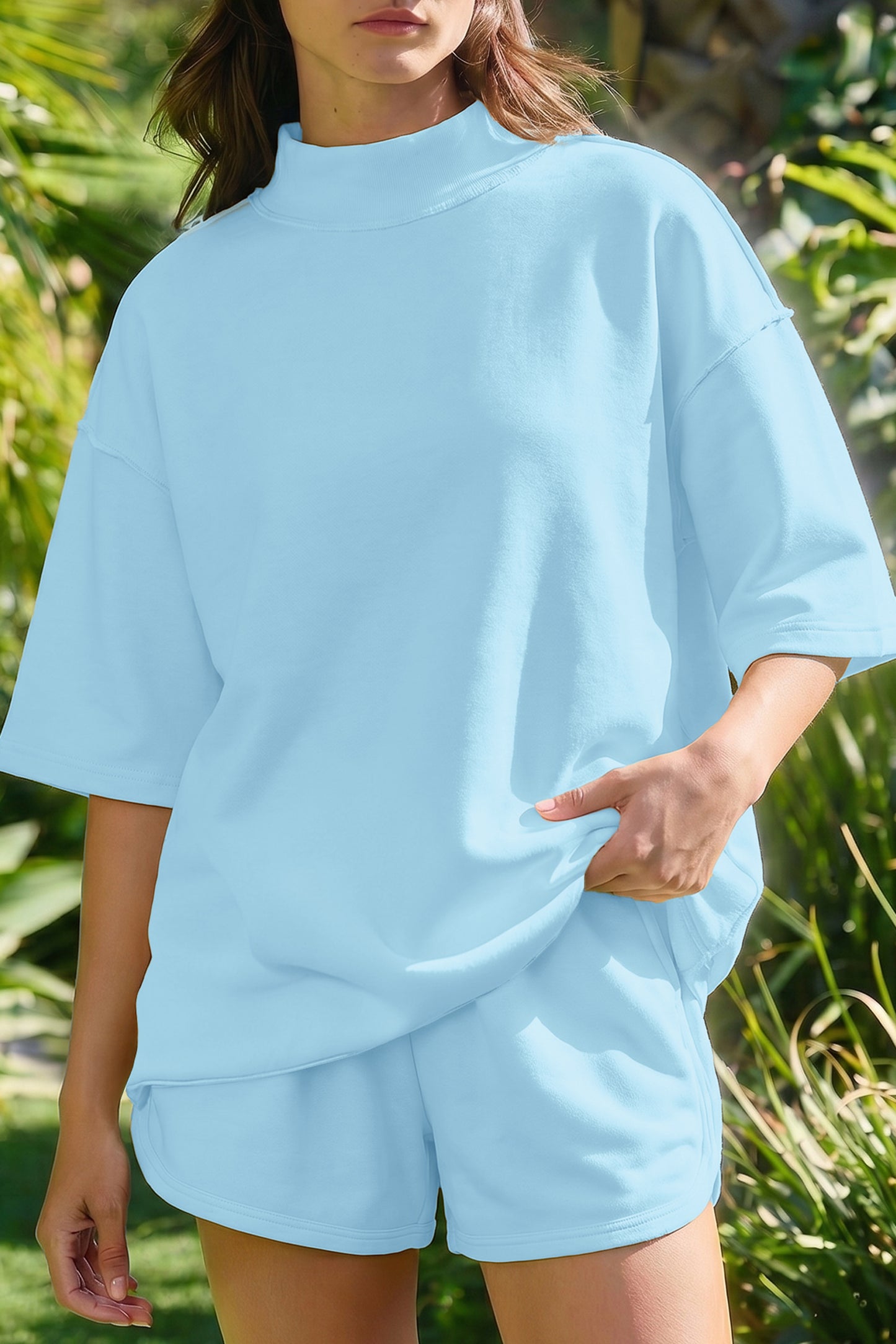Light Pink Solid Color Exposed Seam Mock Neck Oversize Tee Casual Shorts 2pcs Outfit-Two Piece Sets/Short Sets-[Adult]-[Female]-2022 Online Blue Zone Planet