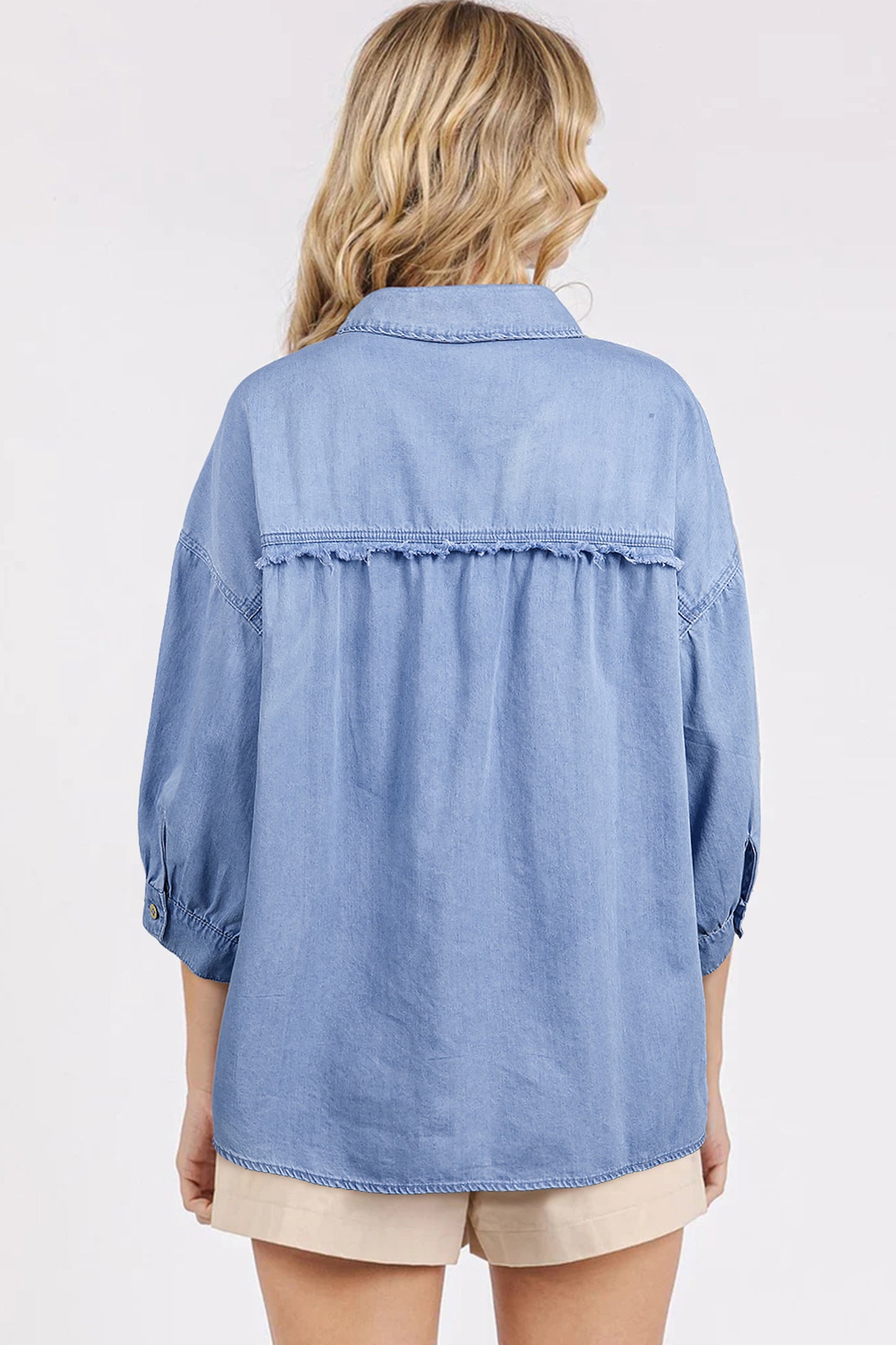 Myosotis Washed Drop Shoulder Bracelet Sleeve Chambray Shirt-Tops/Blouses & Shirts-[Adult]-[Female]-2022 Online Blue Zone Planet