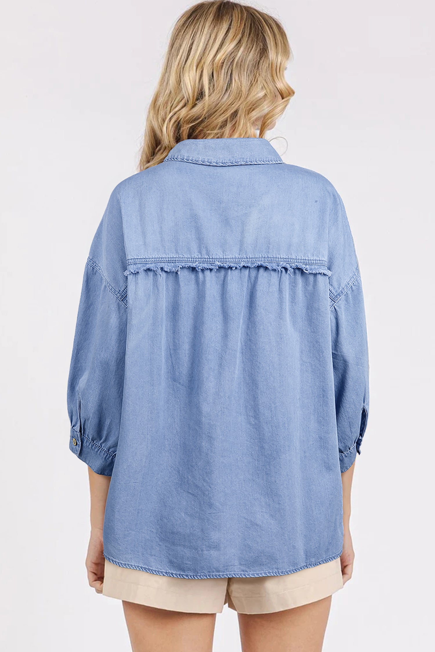 Myosotis Washed Drop Shoulder Bracelet Sleeve Chambray Shirt-Tops/Blouses & Shirts-[Adult]-[Female]-2022 Online Blue Zone Planet