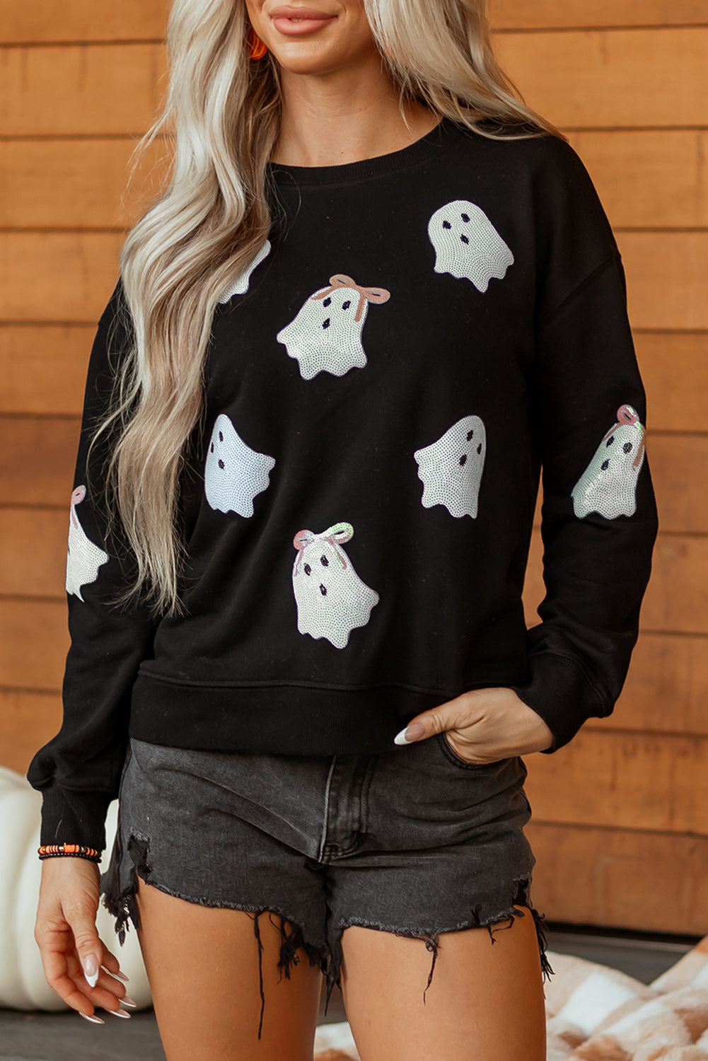 Black Sequin Cute Bow Ghost Graphic Crew Neck Halloween Sweatshirt-Graphic/Graphic Sweatshirts-[Adult]-[Female]-2022 Online Blue Zone Planet