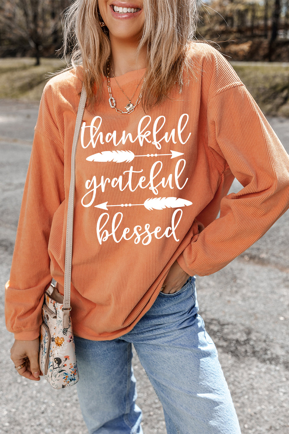 Orange thankful grateful blessed Arrow Graphic Corded Sweatshirt-Graphic/Graphic Sweatshirts-[Adult]-[Female]-2022 Online Blue Zone Planet