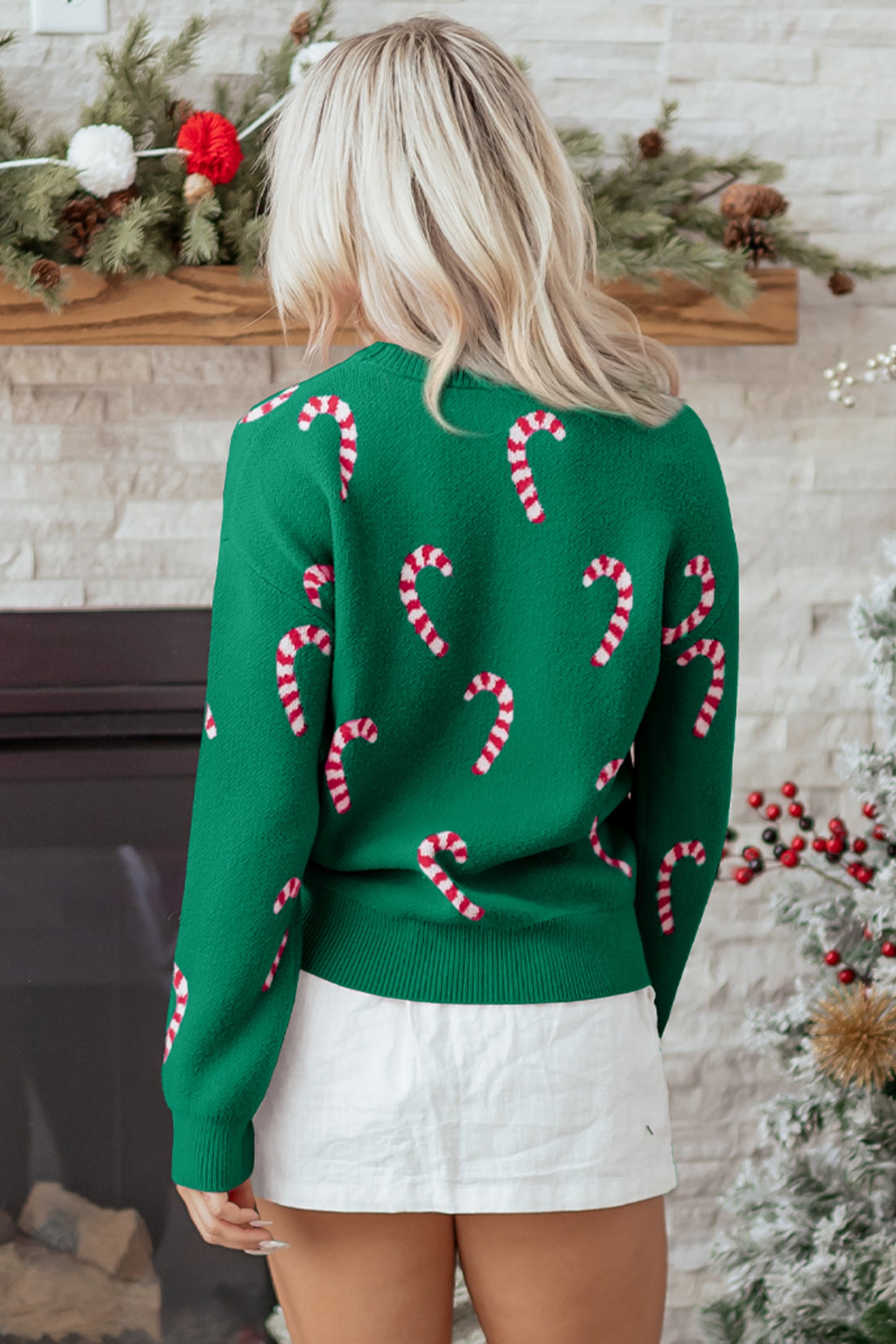 Dark Green Christmas Candy Cane Holiday Drop Shoulder Sweater-TOPS / DRESSES-[Adult]-[Female]-2022 Online Blue Zone Planet