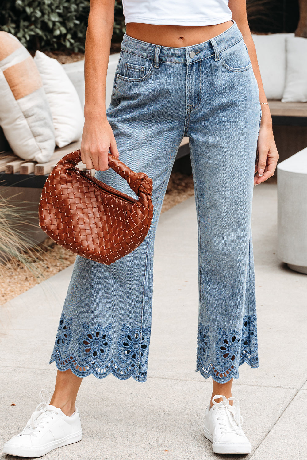 Dusk Blue Embroidered Cropped Wide Leg High Waist Jeans-Bottoms/Jeans-[Adult]-[Female]-2022 Online Blue Zone Planet