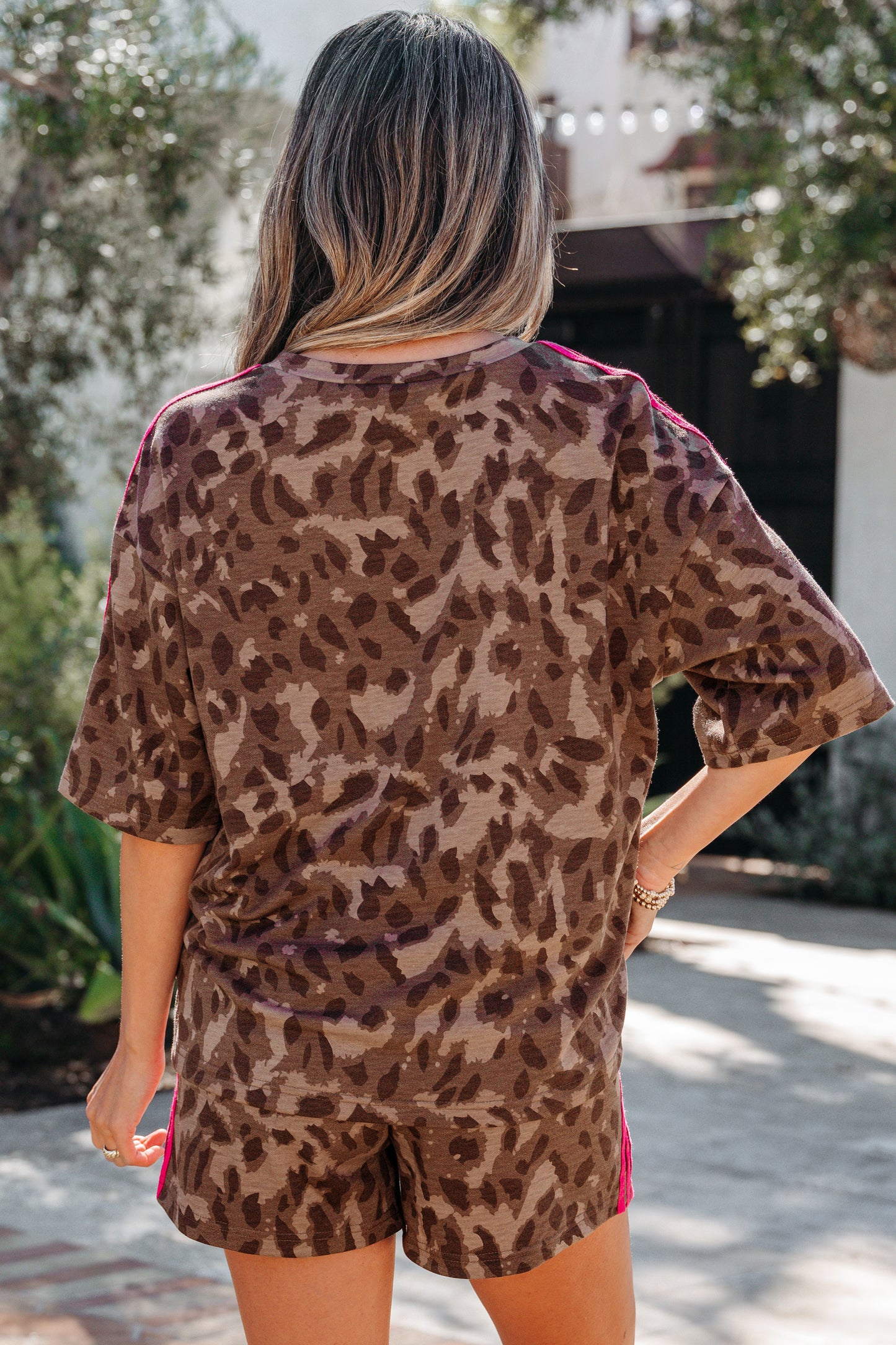 Brown Contrast Striped Accent Leopard Short Set-Two Piece Sets/Short Sets-[Adult]-[Female]-2022 Online Blue Zone Planet