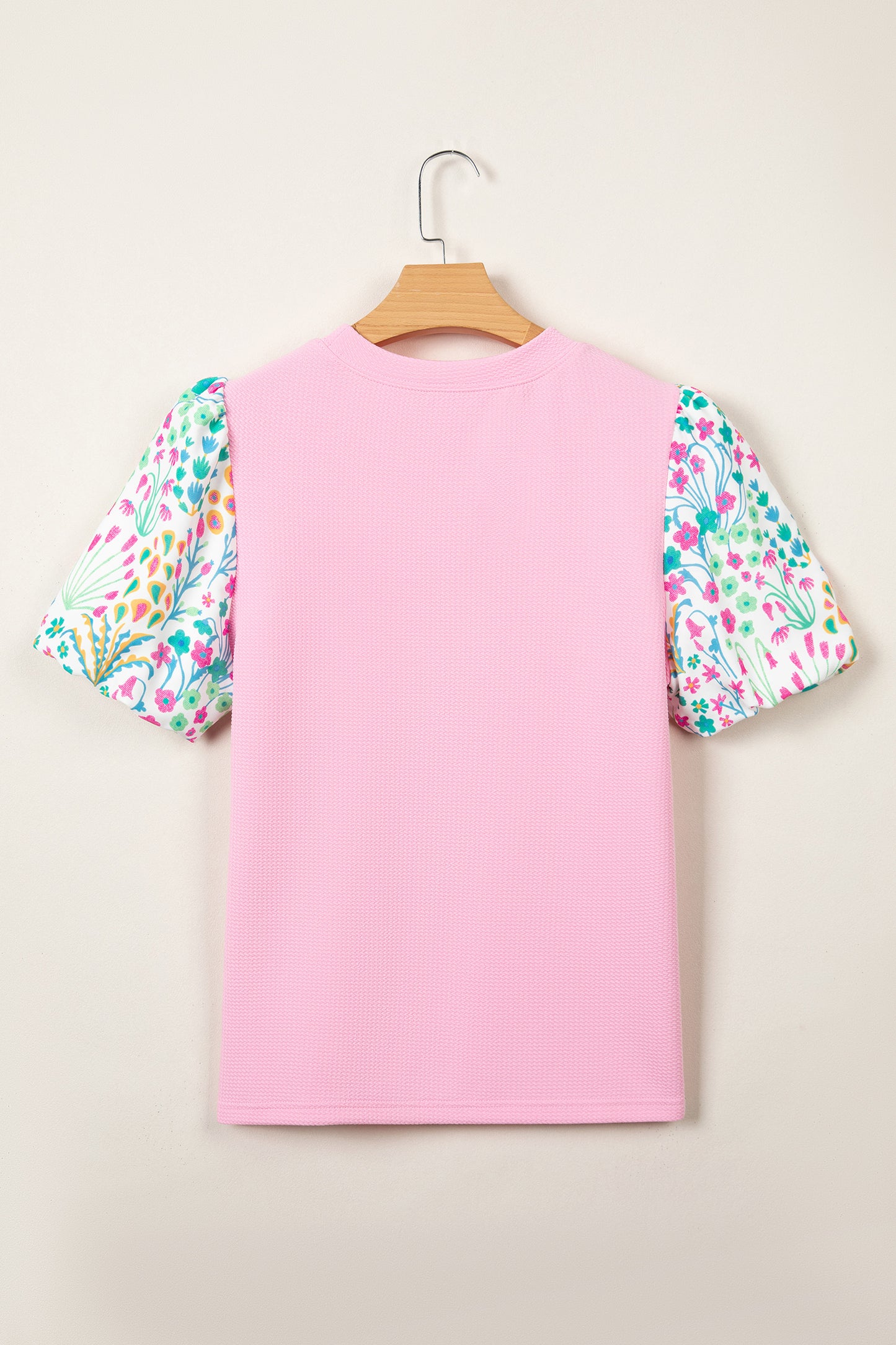 Pink Round Neck Textured Contrast Floral Bubble Sleeve Blouse-Tops/Blouses & Shirts-[Adult]-[Female]-2022 Online Blue Zone Planet