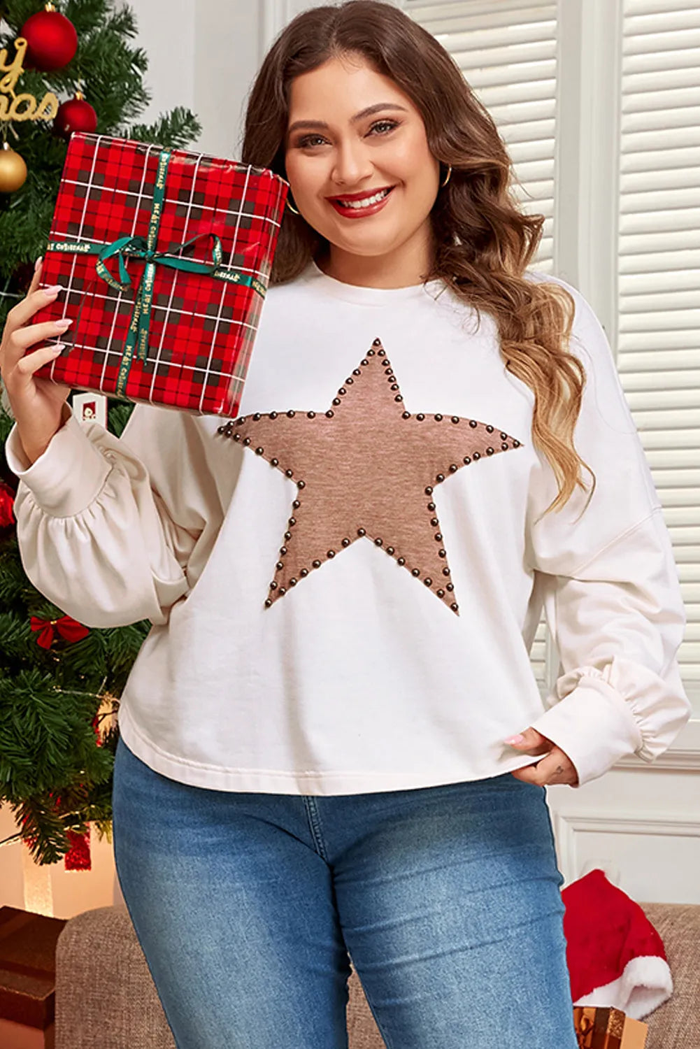 Plus Size Studded Star Round Neck Long Sleeve Blouse-TOPS / DRESSES-[Adult]-[Female]-2022 Online Blue Zone Planet