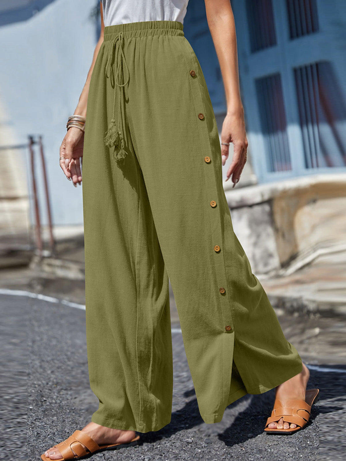 Blue Zone Planet | Full Size Tassel Wide Leg Pants-BOTTOMS SIZES SMALL MEDIUM LARGE-[Adult]-[Female]-Yellow-Green-S-2022 Online Blue Zone Planet