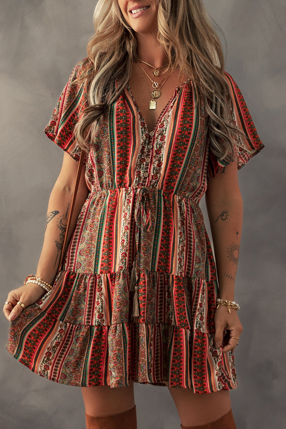 Red Bohemian Floral Print Buttoned V Neck Ruffle Tiered Dress-Short Dresses-[Adult]-[Female]-2022 Online Blue Zone Planet